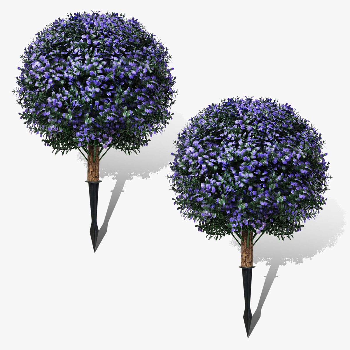 Set van 2 kunstbuxusballen met palen, uv-bestendig, kunststruiken voor buiten, plastic planten voor de decoratie van veranda en tuin, binnen en buiten, paars
