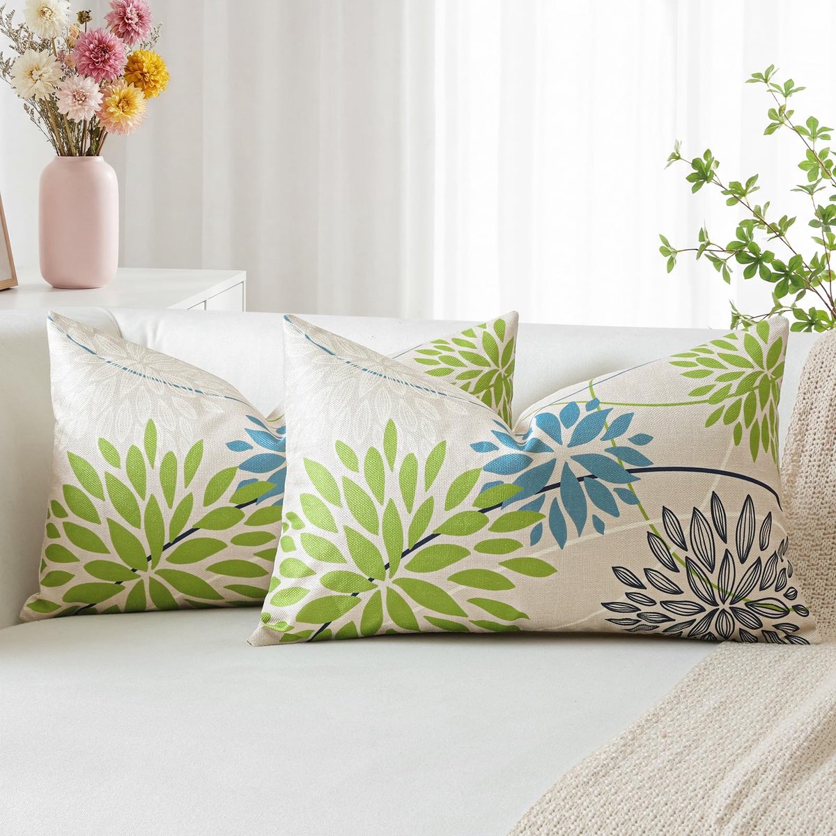 SnelShoppen - Set van 2 Kussenslopen 40x60 cm - Groen Blauw Dahlia Bloemen - Moderne Elegante Bloemen met Geometrisch Patroon - Perfect voor Slaapkame