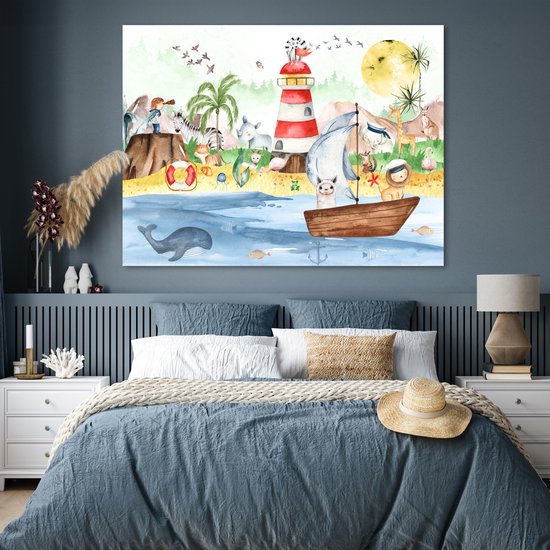 Poster kinderen - Wanddecoratie jongens - Strand - Dieren - Kinderen - Vuurtoren - Poster kinderkamer - 160x120 cm - Decoratie kinderkamers - Kinderkamer decoratie - Poster Babykamer — afbeelding 4
