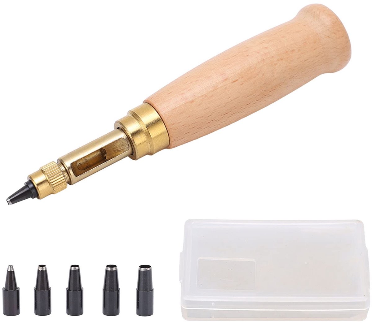 Dailygoods- Schroefpons verstelbaar - Lederen Perforator - 6 Verwisselbare Ponsen - Houten Handvat - DIY Gereedschap - Inclusief Opbergdoos