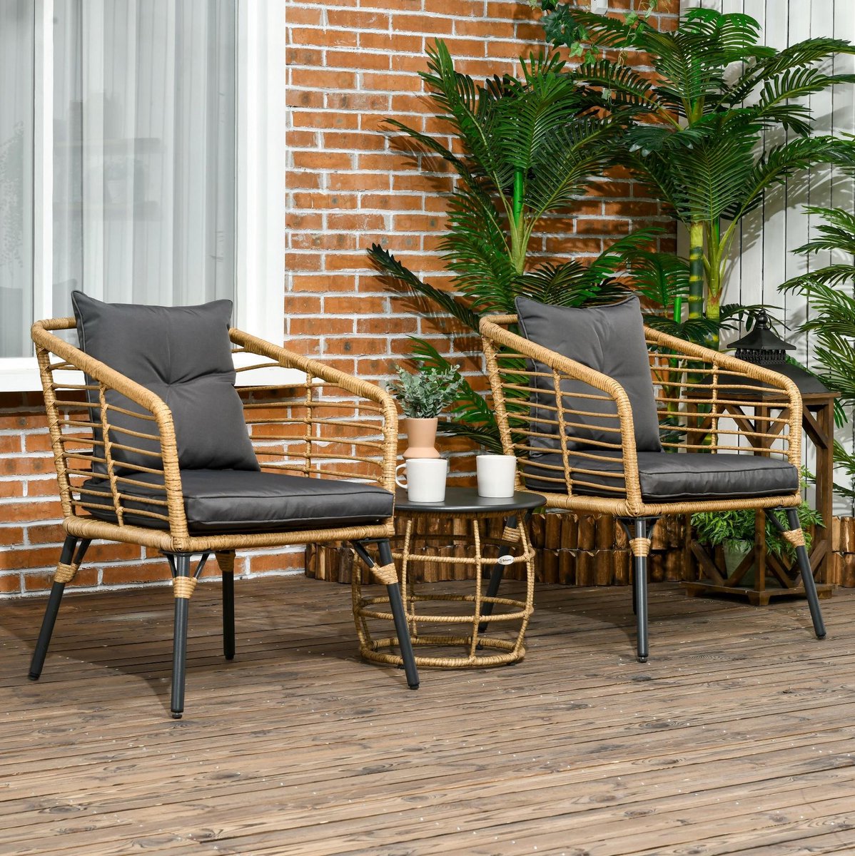 MIVRAY Bistroset 3-delig - 2 Stoelen Met Ronde Couchtafel En Kussens - Voor Balkon, Terras En Tuin - Staal Sand Donkergrijs