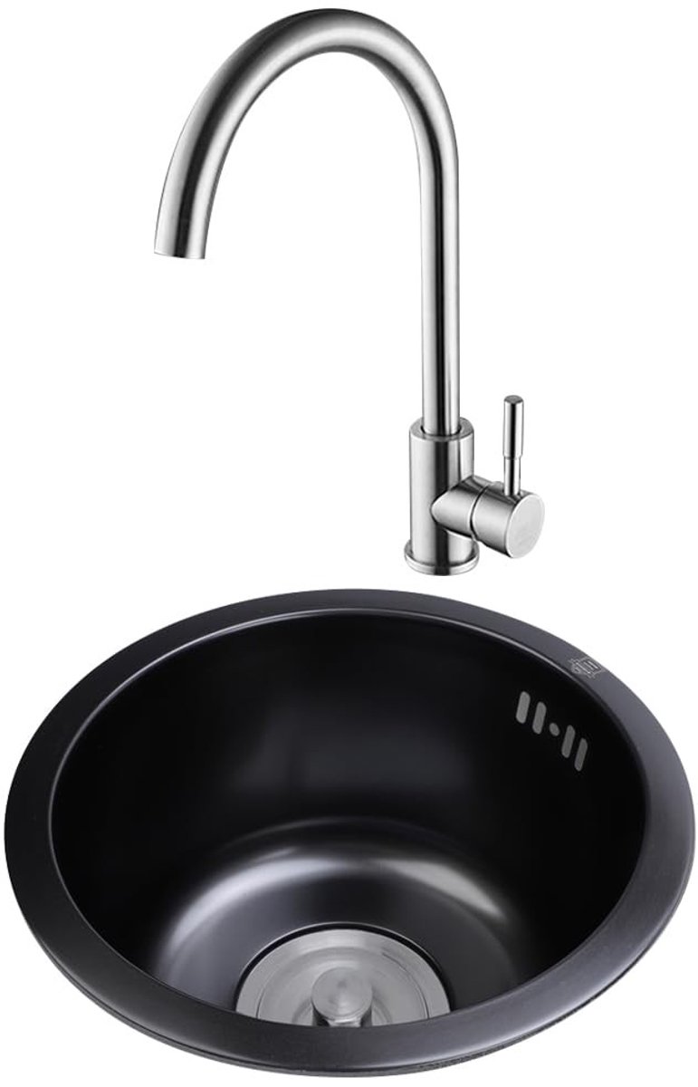 Dailygoods- Spoelbak 42 cm - Ronde Gootsteen - Roestvrij Staal - Onderbouw Keuken - Nano-Zwart - Stijlvol Ontwerp