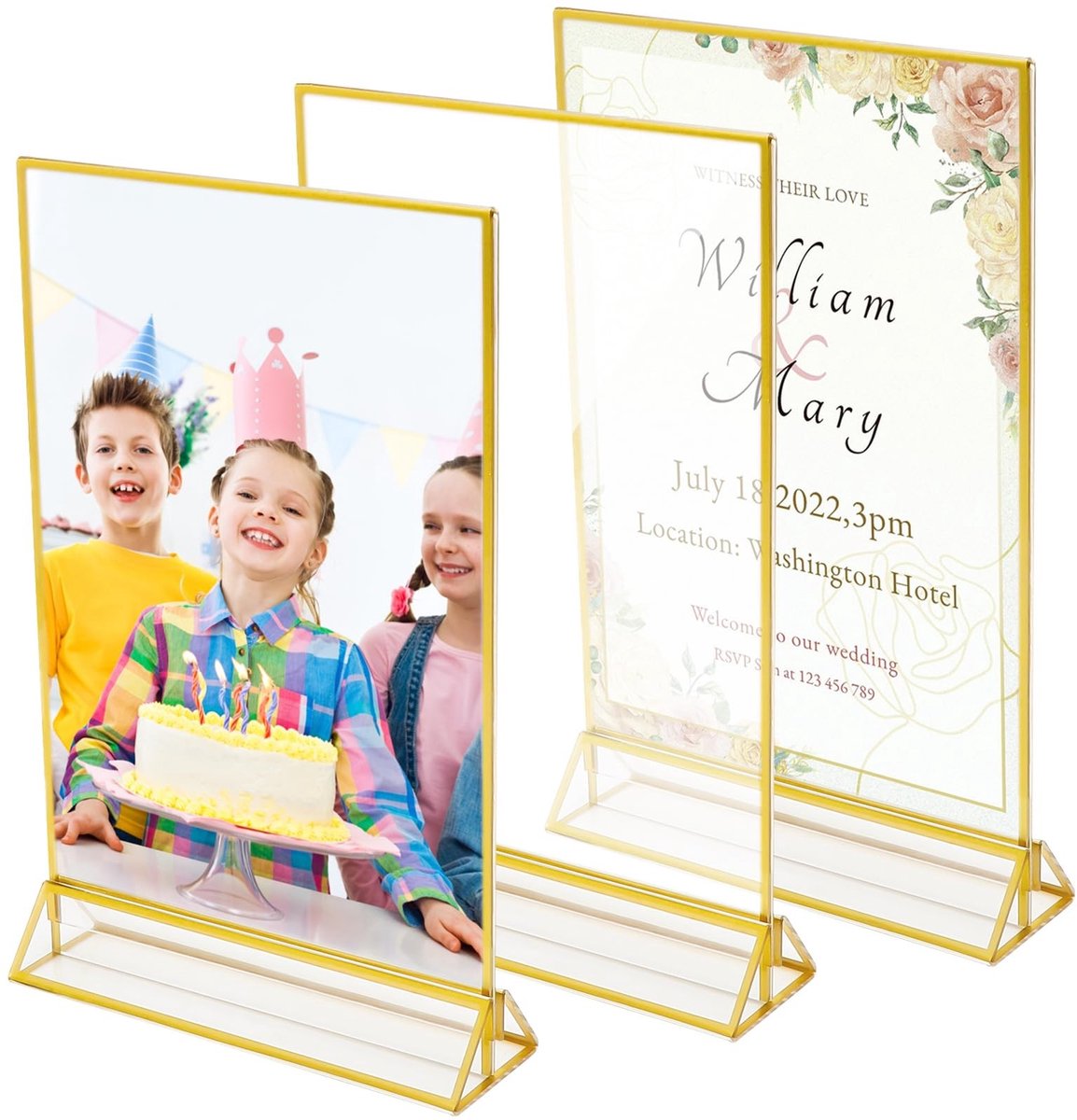 Dailygoods - A5 Acryl gouden fotolijst, 3 stuks, tafelkaarthouder, A5, acryl fotolijst voor restaurant-menukaarthouder, bruiloft-tafelnummers, fotoweergave, enz., welkomstbord bruiloft