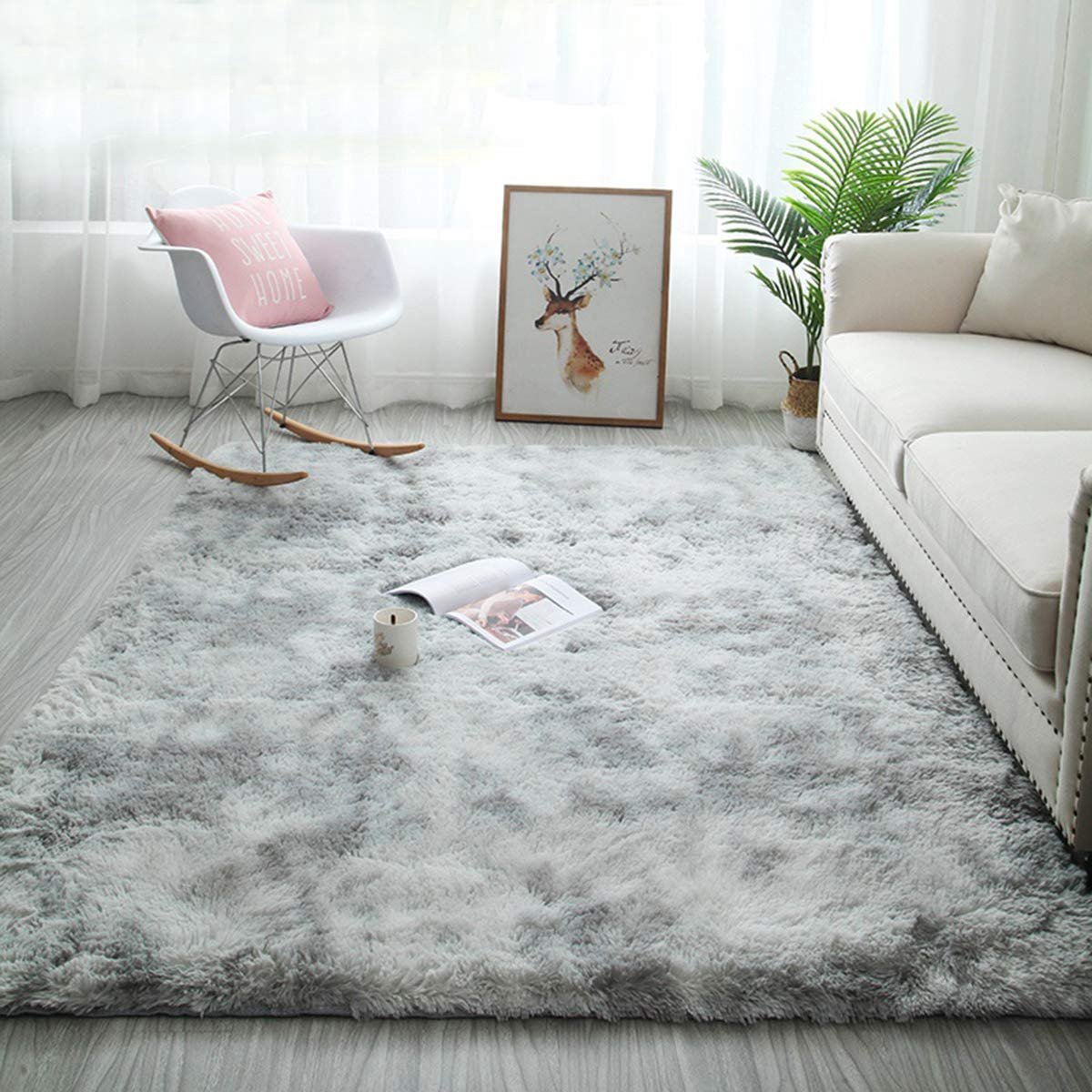 vloerkleden, pluizige tapijten voor in de slaapkamer, vloermatten, anti-slip woonkamertapijten, shaggy pluche tapijten voor de woonkamer, woondecoratie (160 * 200 cm, grijs wit)
