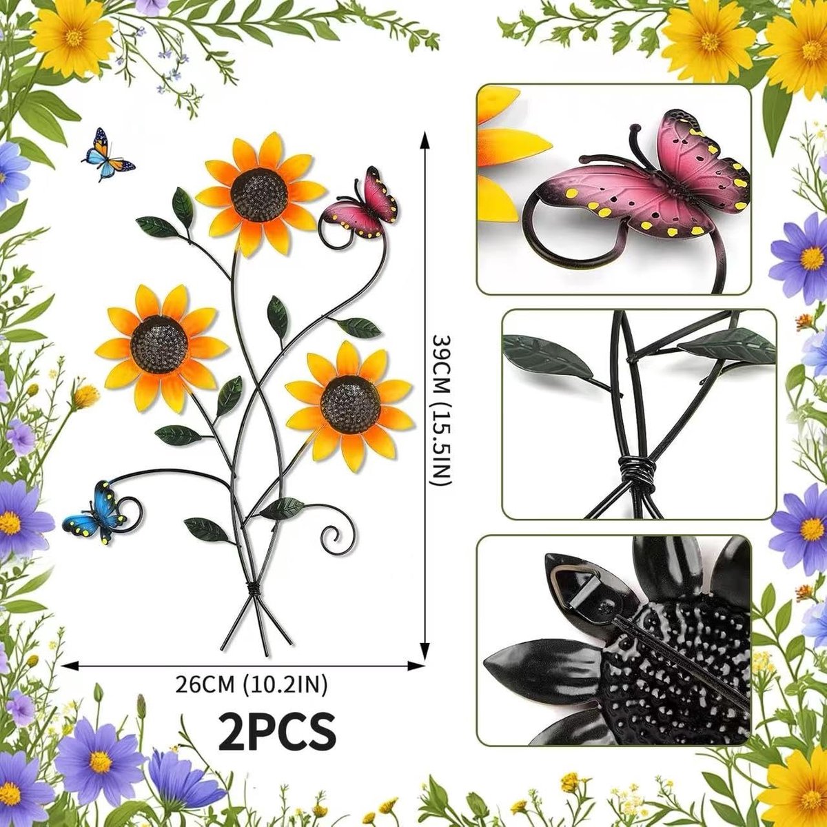 Metalen zonnebloem wanddecoratie van metaal voor decoratie tuin met vlinders, muurkunst, bloemen, hangende decoraties voor woonkamer, slaapkamer, terras, tuin, decoratie (roze)