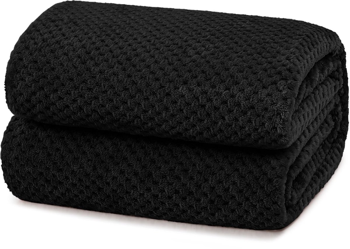Zachte en Warme Fleecedeken voor Bank en Bed met Wafelpatroon, Behaaglijke Aangename Deken, Woondeken, Bankdeken, 130x170cm, Zwart