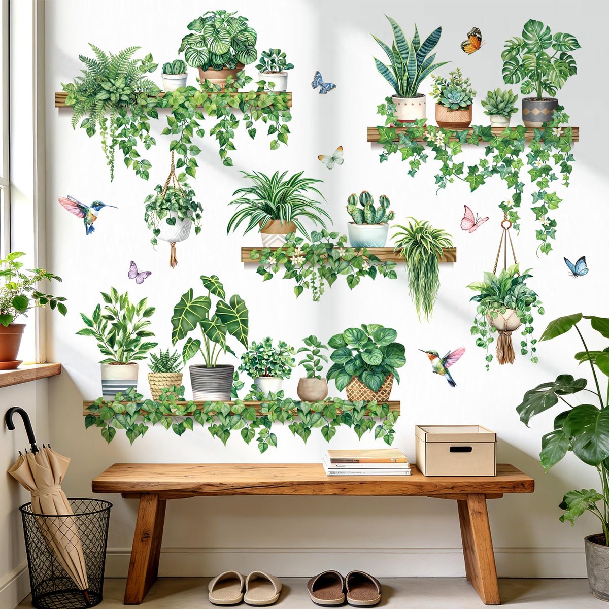 decalmile Groene Potplanten Muurstickers Tropische Blad Hangende Wijnstokken Bladeren Vogel Muurstickers Woonkamer Tv Achtergrond Slaapkamer Huisdecoratie