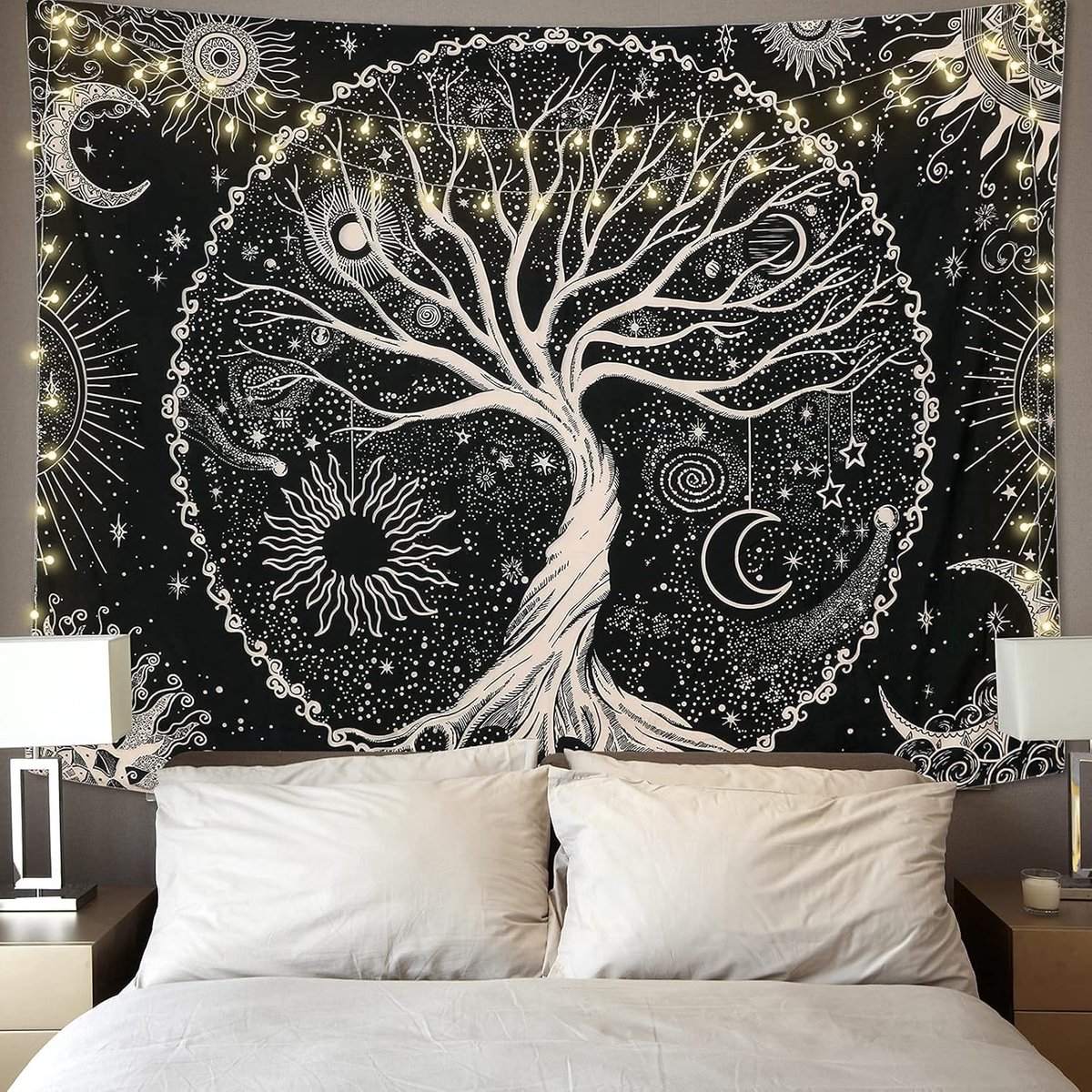 Tapijten Maan en Zon Zwarte Muur Opknoping Tapijtwerk Psychedelische Mandala Sterrenhemel Tapisserie Hippie Wall Art Decor voor Slaapkamer (148x200cm)
