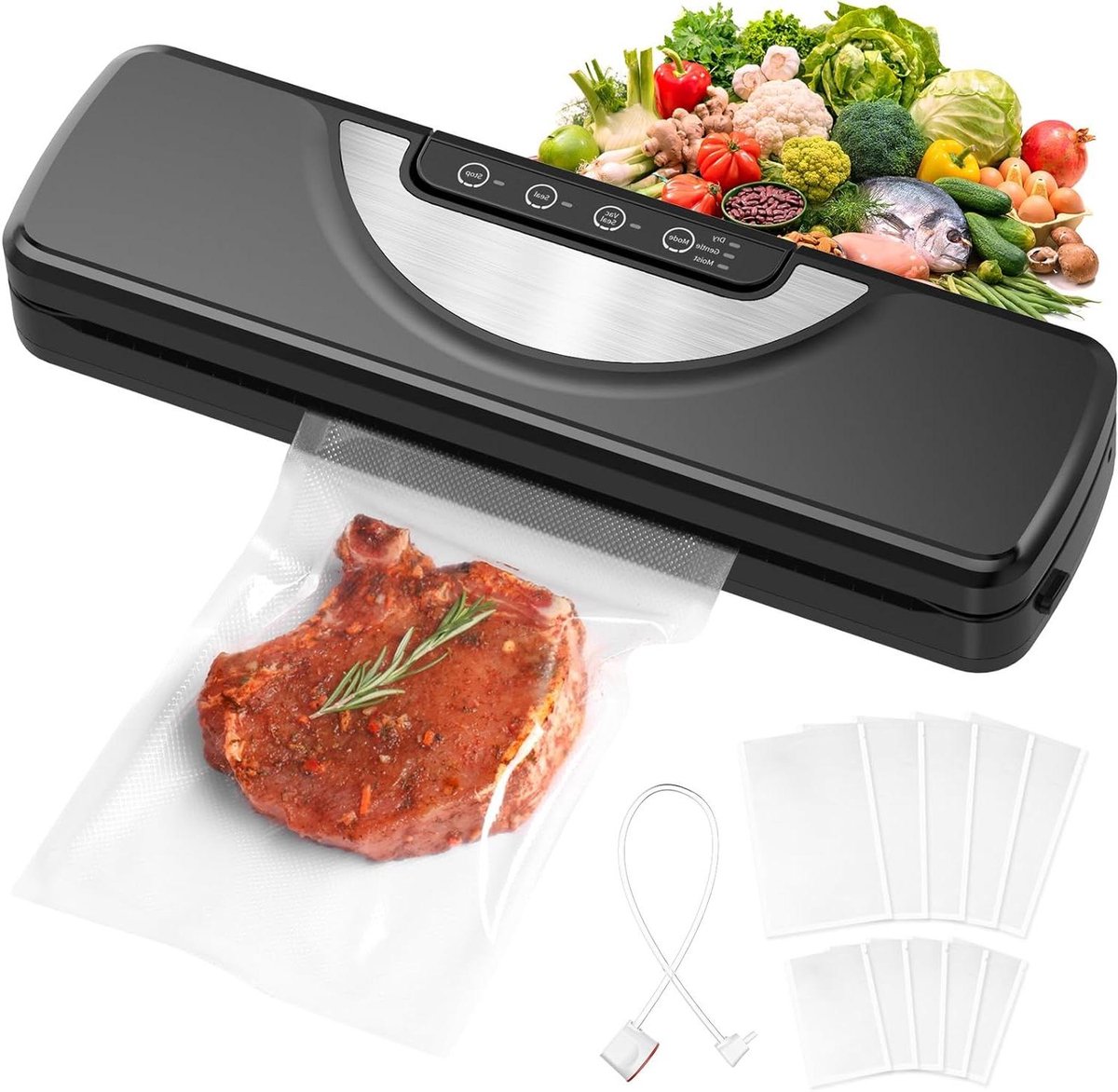 Vacuümmachine 5-in-1 - Vacuümapparaat Folielasapparaat - Levensmiddelen Bewaren - Ingebouwde Cutter - 11L x 402B x 145H cm - Zwart