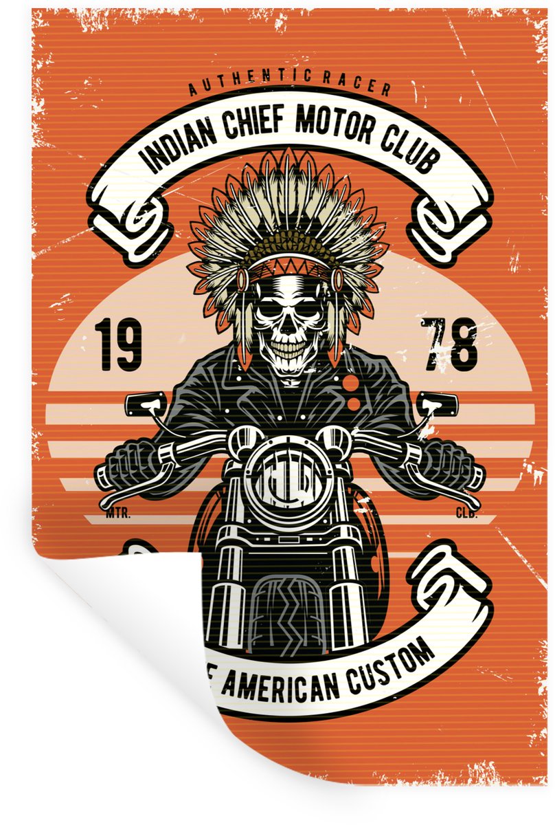 Muurstickers - Sticker Folie - Doodskop - Indiaan - Motor - Vintage - 40x60 cm - Plakfolie