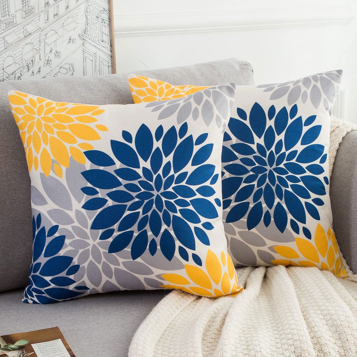 kussensloop 40 x 40 cm bankkussen decoratief kussen bloemen kussen linnen 2 stuks geel en marineblauw grijs bloem kussensloop moderne decoratieve kussenhoezen voor woonkamer bank binnen en buiten