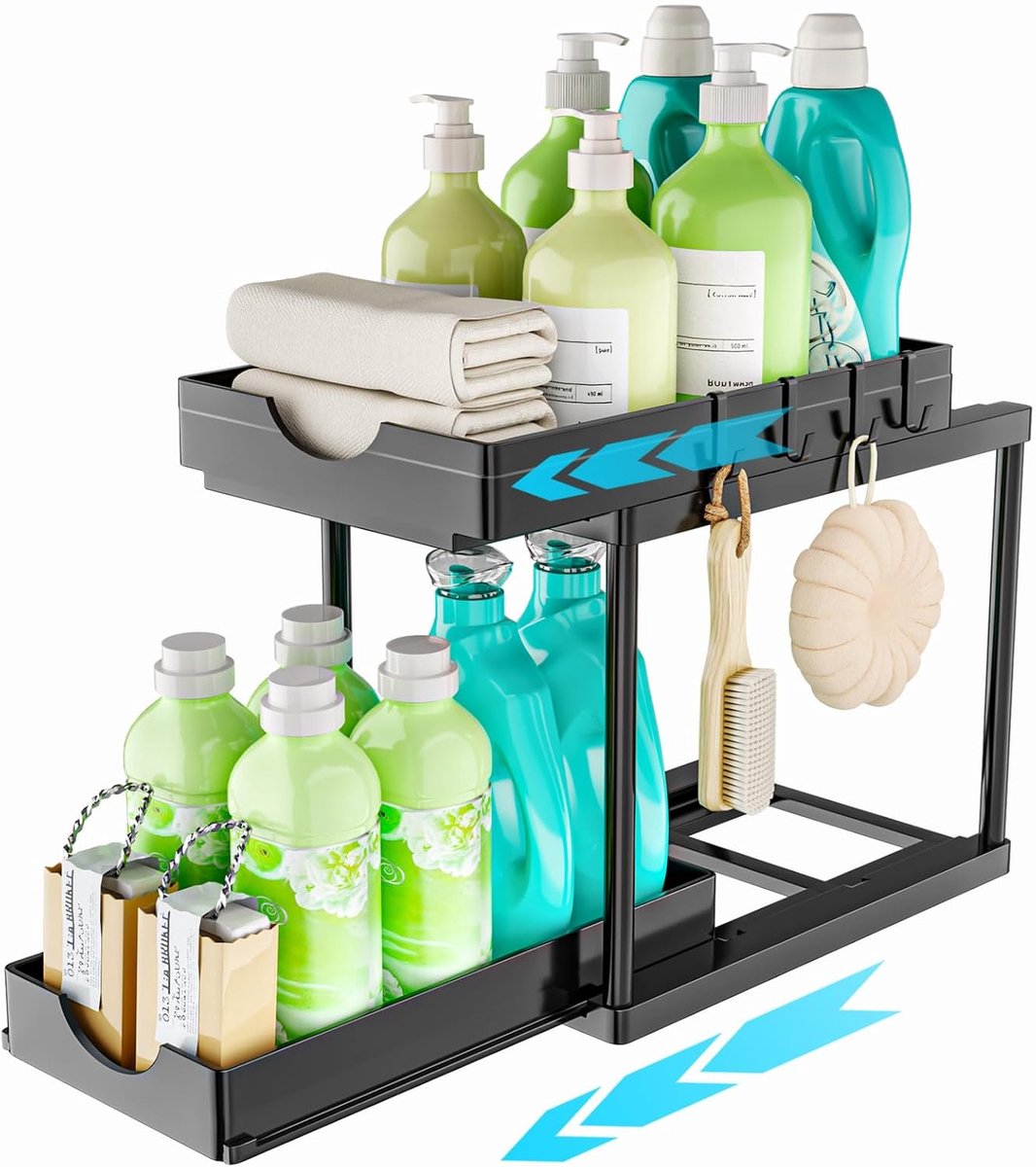 Keukenorganizer - rek voor onder de wastafel - 2 etages kastorganizer met 4 haken, lade-organizer keuken, badkamer organizer, zwart, 1 verpakking