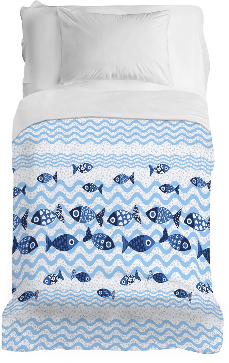 Sprei 170 x 280 cm, eenpersoonsbed, 100% piqué-katoen, ideaal als sprei voor eenpersoonsbed, motief: blauwe vis, 100% Made in Italy