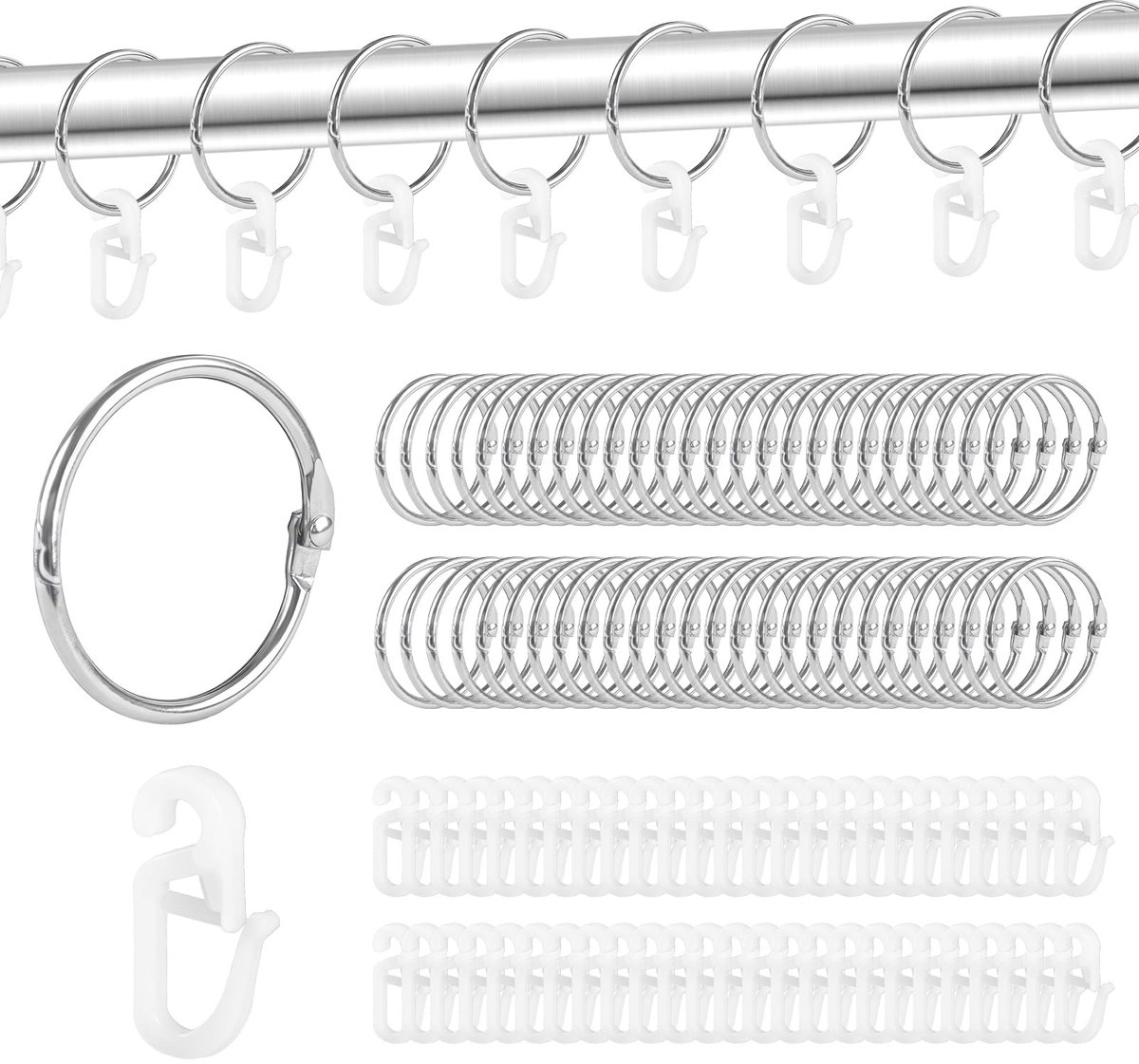 Gordijnringen, hangende ringen, hangende ringen en 50 stuks kunststof gordijnhaken voor ramen, deuren, douchegordijnen, gordijnroedes (35 mm binnendiameter, zilver)