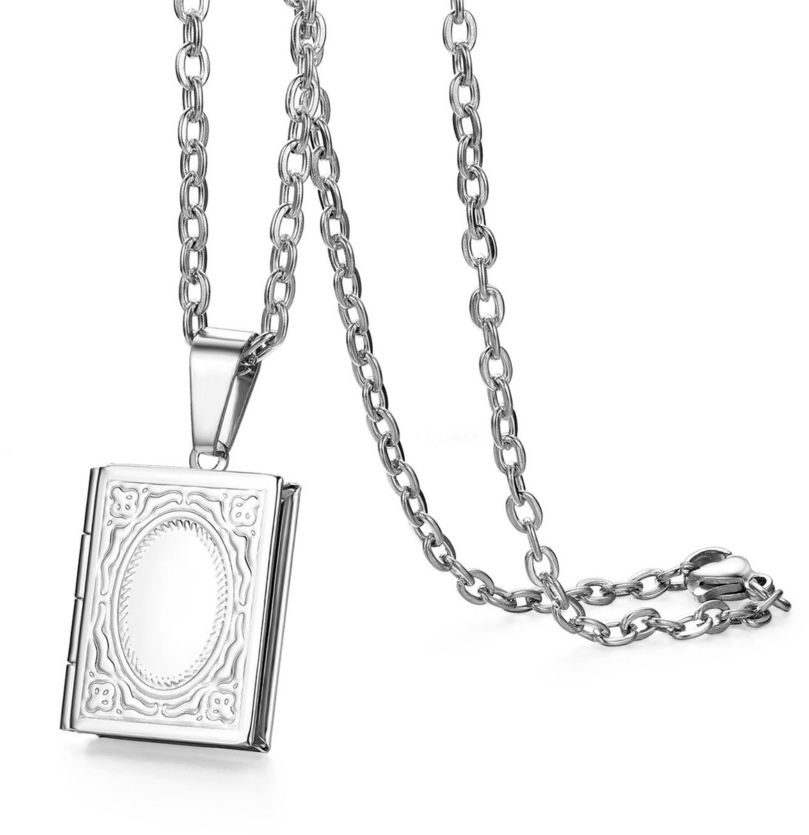 JewelryWe Sieraden hanger ketting dames meisjes klassieke fotolijst graveren personaliseren ketting 45 cm roestvrij staal fantasie met geschenkzakje, Roestvrij staal