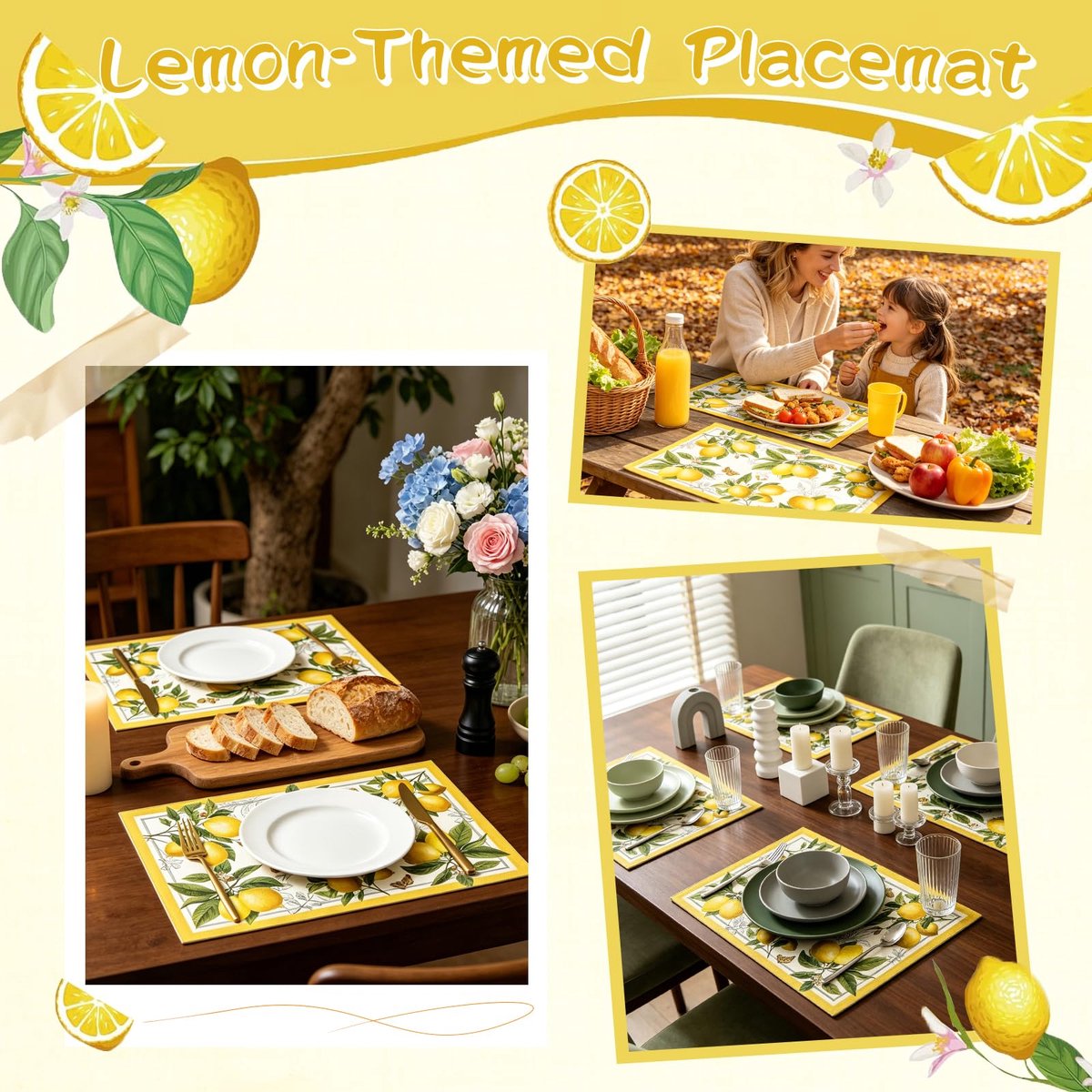 Linnen placemats set van 6 - Moderne citroenprint - Decoratief - Perfect voor dineren - ShopVlot
