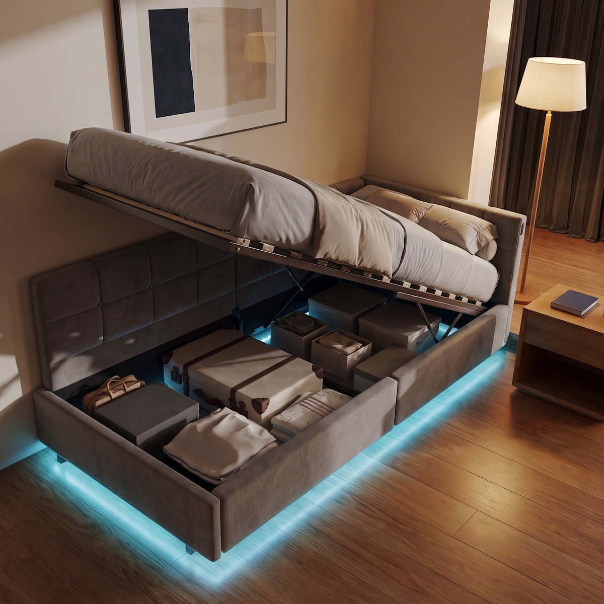 Gestoffeerd Opbergbed 90x200 cm - Eenpersoonsbed met RGB verlichting en USB - Fluwelen bed met opbergruimte - Modern - Grijs