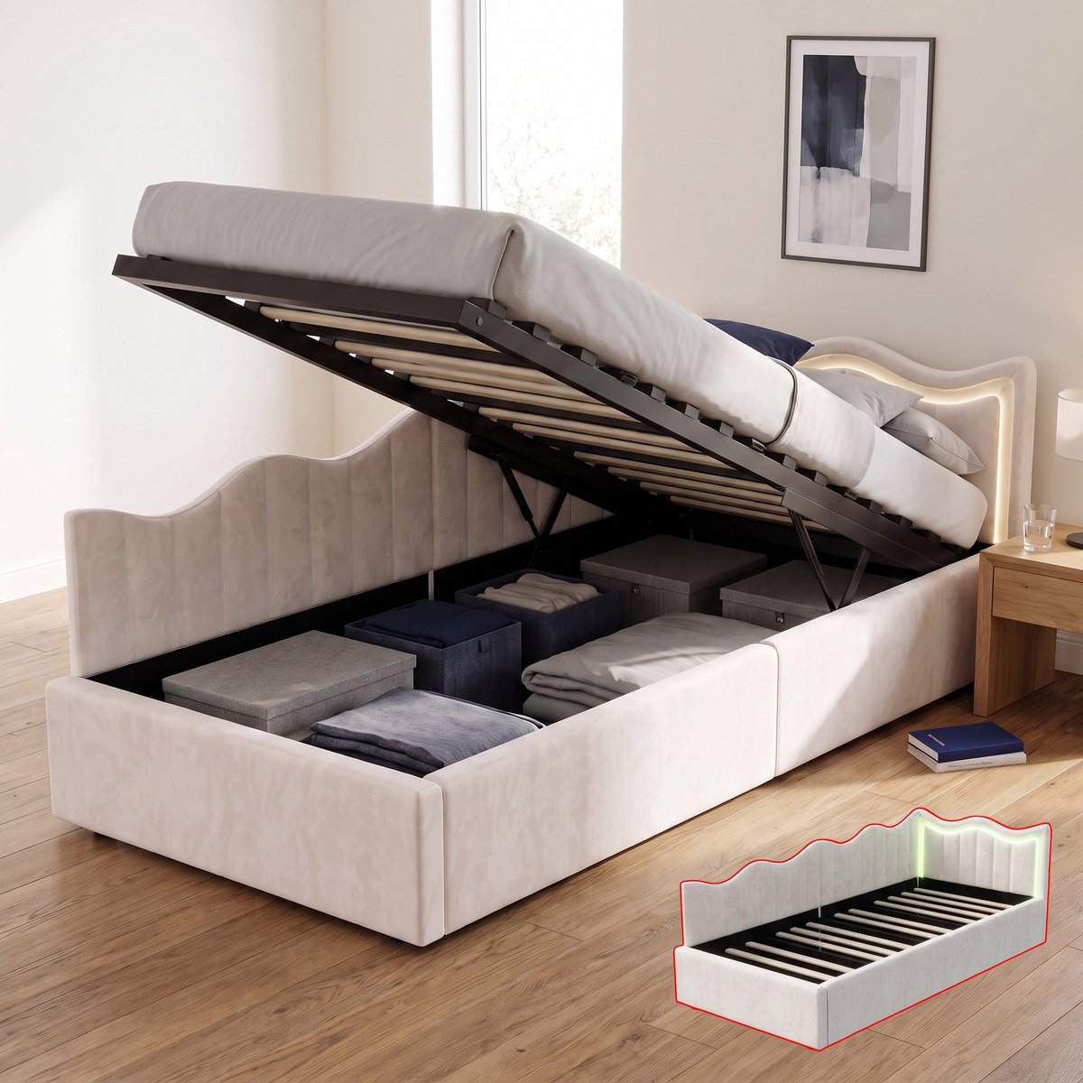 Mofor Gestoffeerd Opbergbed 90x200 cm - Eenpersoonsbed met LED en opbergruimte - Fluwelen bed - Modern - Beige