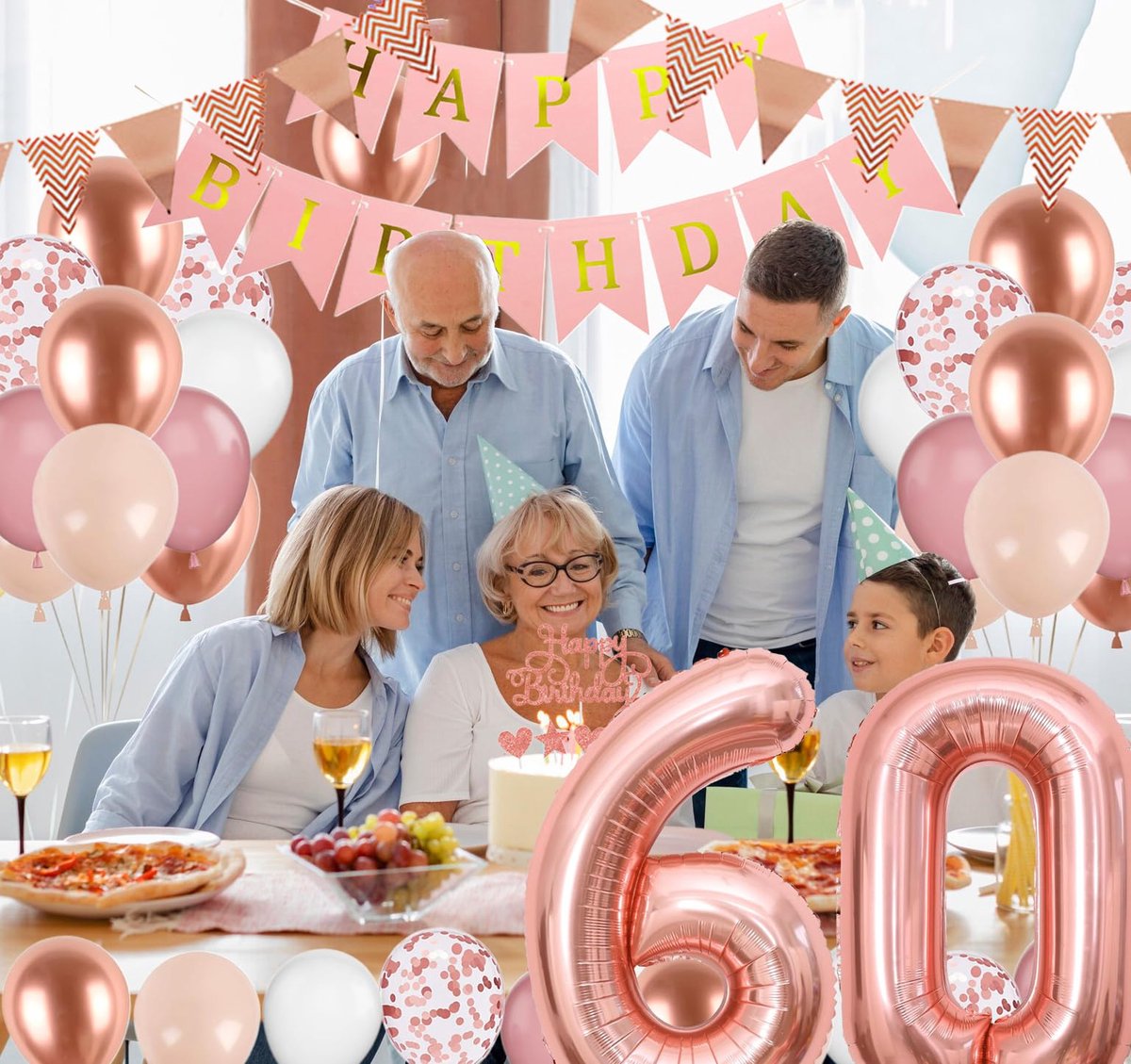 70e verjaardag decoraties voor vrouwen - roségouden, roze en witte ballonnen met nummer 70 folieballon, Happy Birthday-banner en taarttopper voor feest