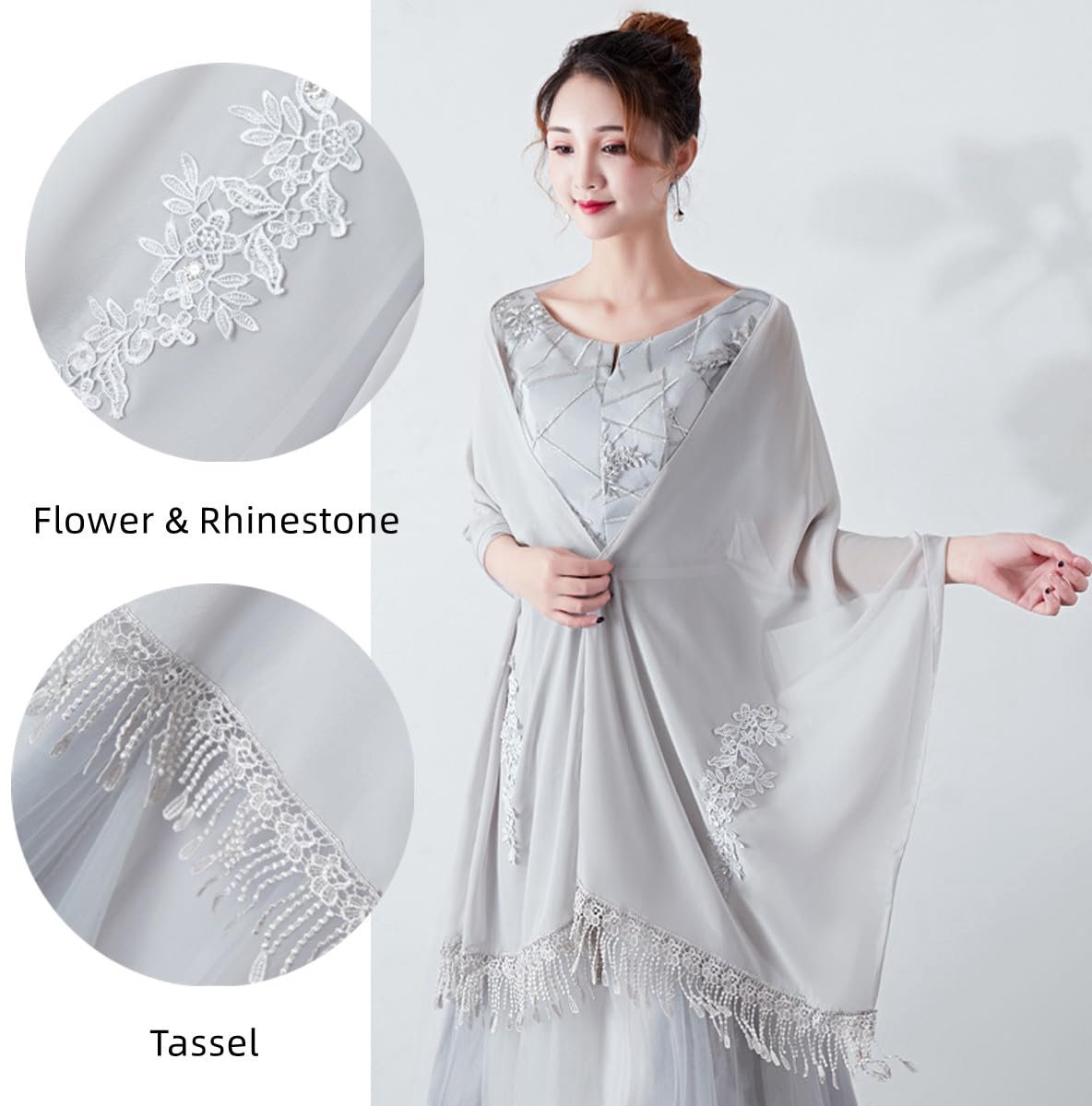 Tule sjaal en omslagdoek voor dames, elegante geborduurde bloemen strass stola wrap bruiloft sjaal kwastje pashmina wrap voor bruidsmeisjes prom party kostuum