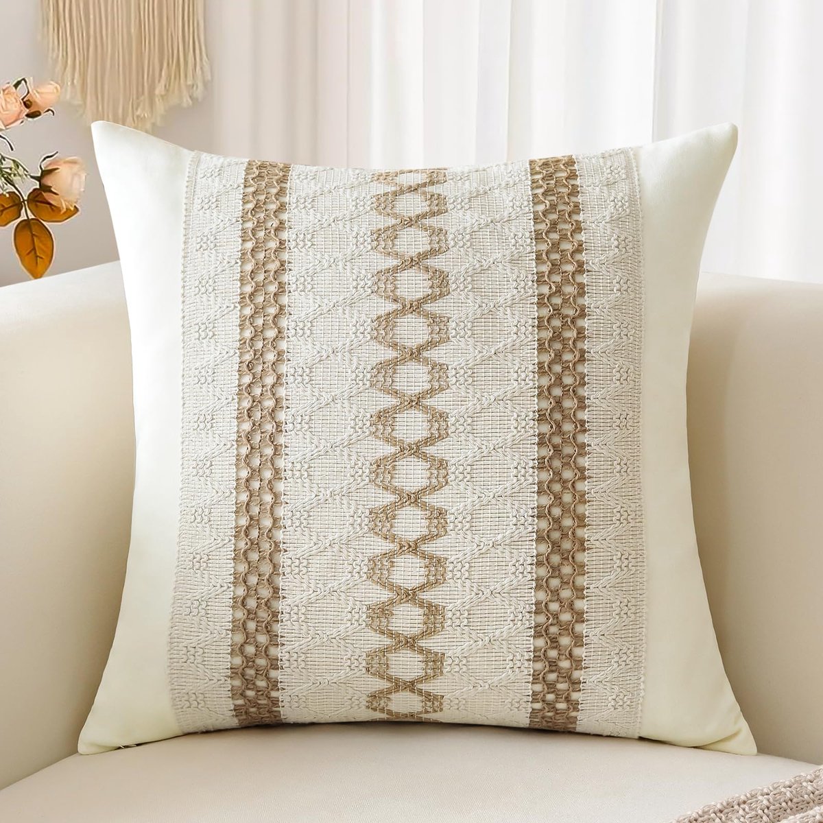 Kussenhoes 60 x 60 cm, katoen en jute getextureerde gestreepte geweven Boheemse boerderij sierkussensloop kussensloop voor bank bank woonkamer, drievoudig gestreept, 1 stuk