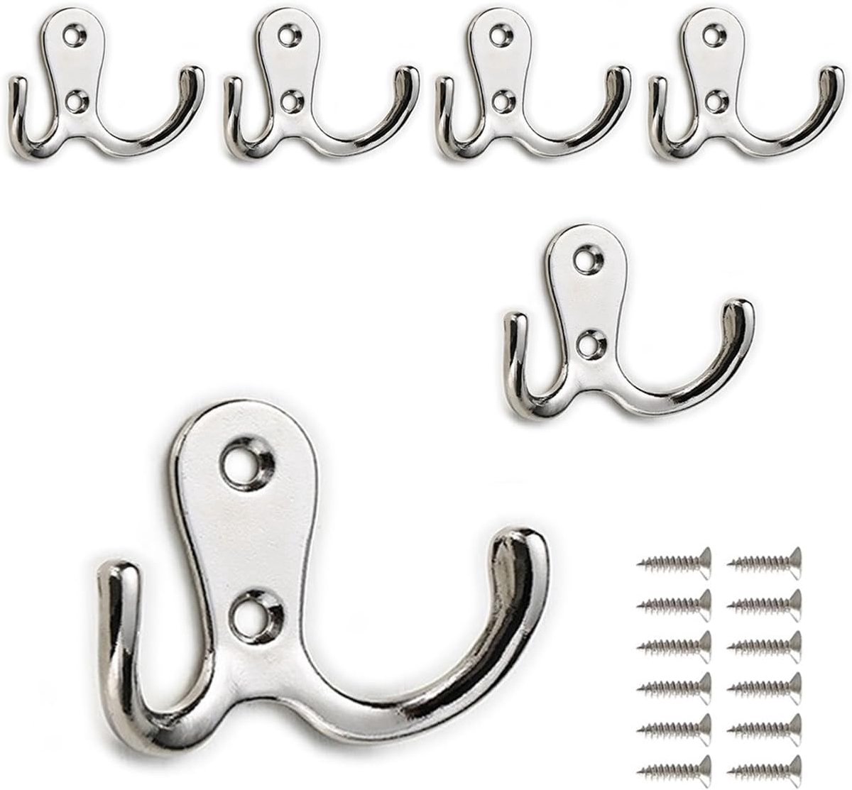 Set van 6 dubbele kapstokhaken, metalen haken, wandgemonteerde kapstokhaken met schroeven voor het ophangen van kleding, hoeden, handdoeken, sleutels, keukengerei, voor woonkamer, slaapkamer