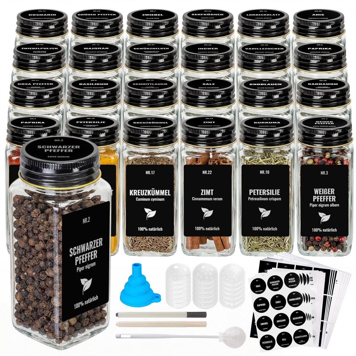 Dailygoods- Kruidenpotjes 24 Stuks - Vierkante Glazen Potjes 120 ml - Zwarte Deksels - Kruidenorganizer - 384 Etiketten - Siliconen Trechters - Specerijpotjes