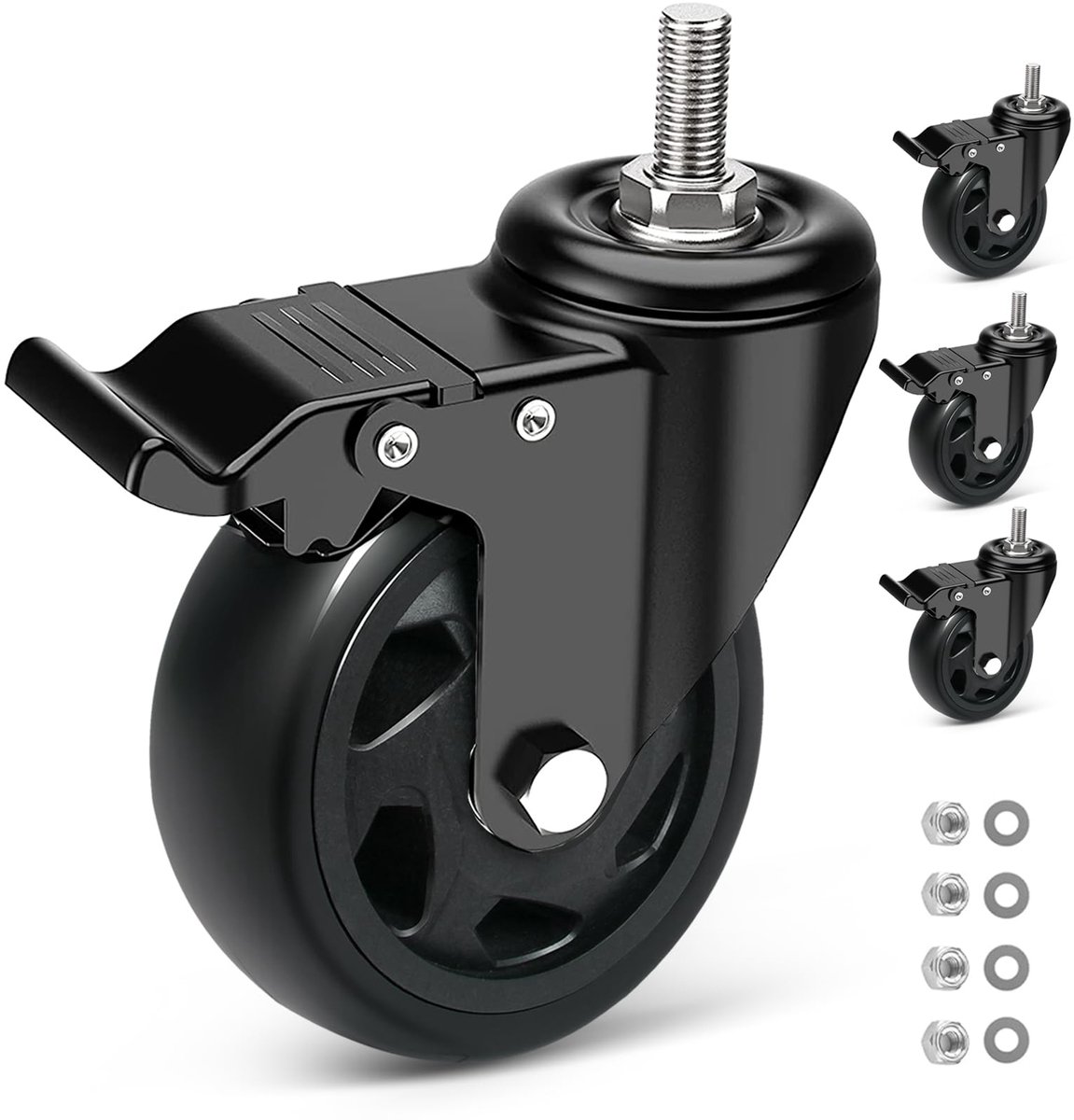 Zwenkwielen van 125 mm, met rem, 4 stuks meubelwielen, M10 x 30 mm schroef, zware wielen, transportwielen, dubbele lagers met 360 graden rotatie, PU-wielen voor meubels, draagkracht 650 kg