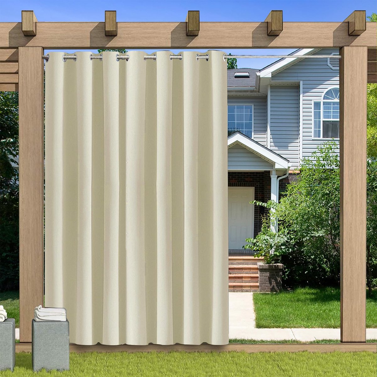 ondoorzichtig, waterdicht, weerbestendig, verduisteringsgordijnen met oogjes, inkijkbescherming, zonwering, gordijnen voor patio, balkon, paviljoen, beige, 1 stuk | 213 x 241