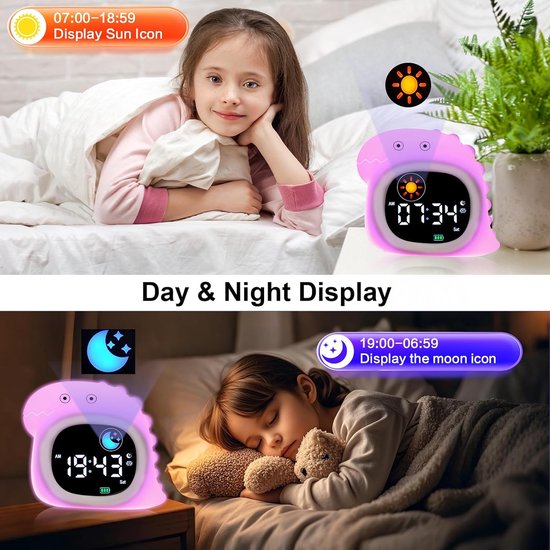 Kids Alarm Clock, Sunrise Alarm Clock with Night Light, LED Display Clock with Sleep Music Soothing Sounds, Snooze Function, 12/24H, 5 Adjustable Brightness for Bedroom, White Dinosaur — afbeelding 5