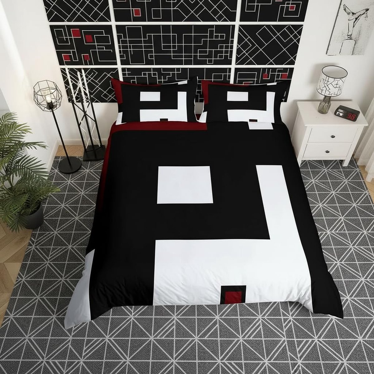 geometrische beddengoedset, wijnrood-wit, 135 x 200 cm, vintage plaid print, dekbedovertrek voor kinderen en jongens, dekbedovertrekset, abstracte kunstvorm, decoratief, 2 stuks