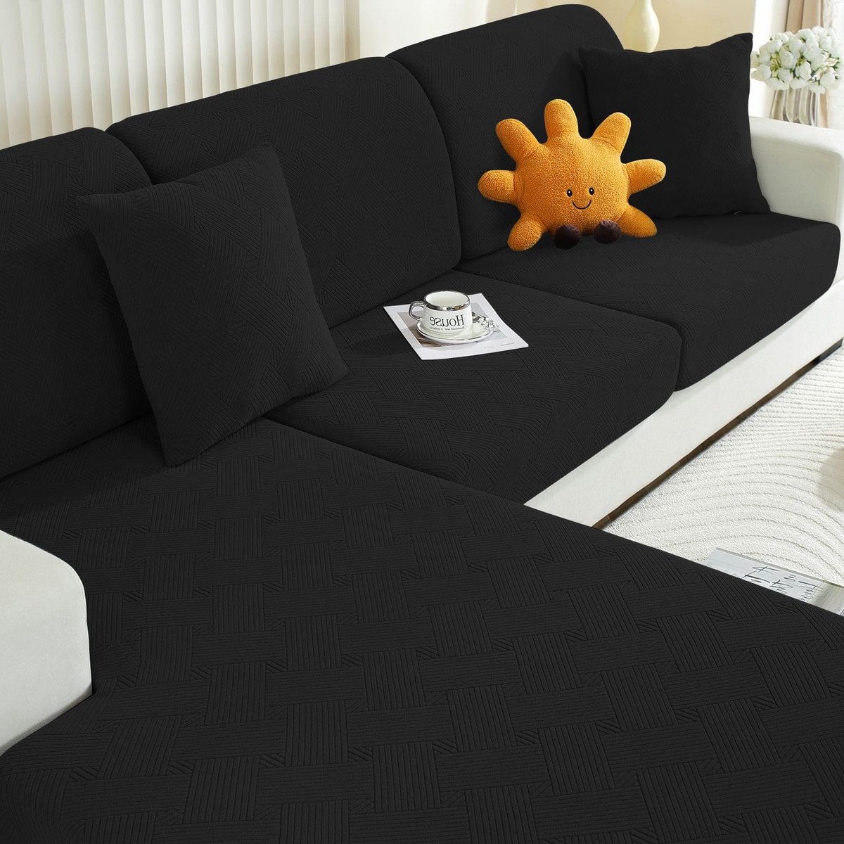 Elastische Sofa Stoelhoes, Universele Sofa Kussenhoes, Sofa Zitkussen Hoezen, Hoes Voor Bankkussens, Sofa Kussenhoezen, Sofahoezen Meubelbeschermer Hond (Groot 1 Plaats, Zwart)
