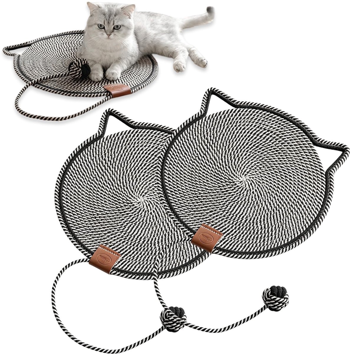 Krabmat voor katten, 2 stuks, 43 x 43 cm, met katoenen bal, krabkarton voor katten, kattenspeelgoed, kattenkrabplanken voor meubelbescherming, kattenkrabpads, kattenaccessoires (zwart)