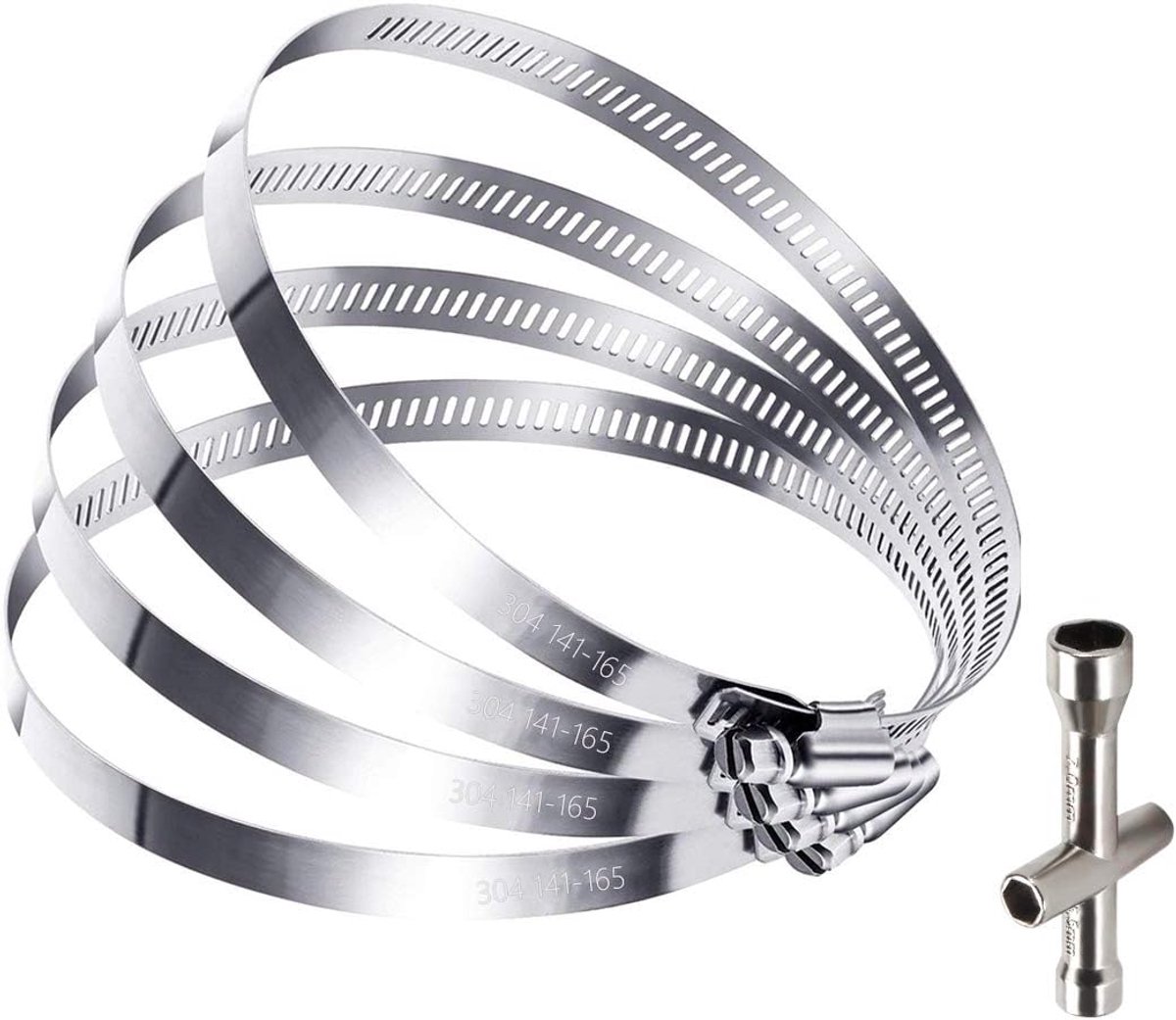6 inch slangklemmen, aanpassen diameter 141-165mm, thuis wormaandrijving tandwiel gas waterleiding leidingklem voor flexibele slangbuis, roestvrij staal metaal, M4 kruismoersleutel Socket Spanner Inlcuded, 4 STKS