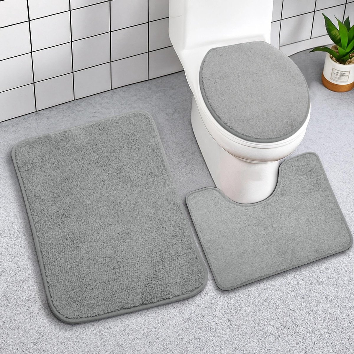 Badmatset, 3-delig, badkamermat, badkamertapijt, antislip, wasbaar, badmat, U-vormig, ovaal, rechthoekig tapijt met uitsparing, zacht voor toilet, badkamer, grijs