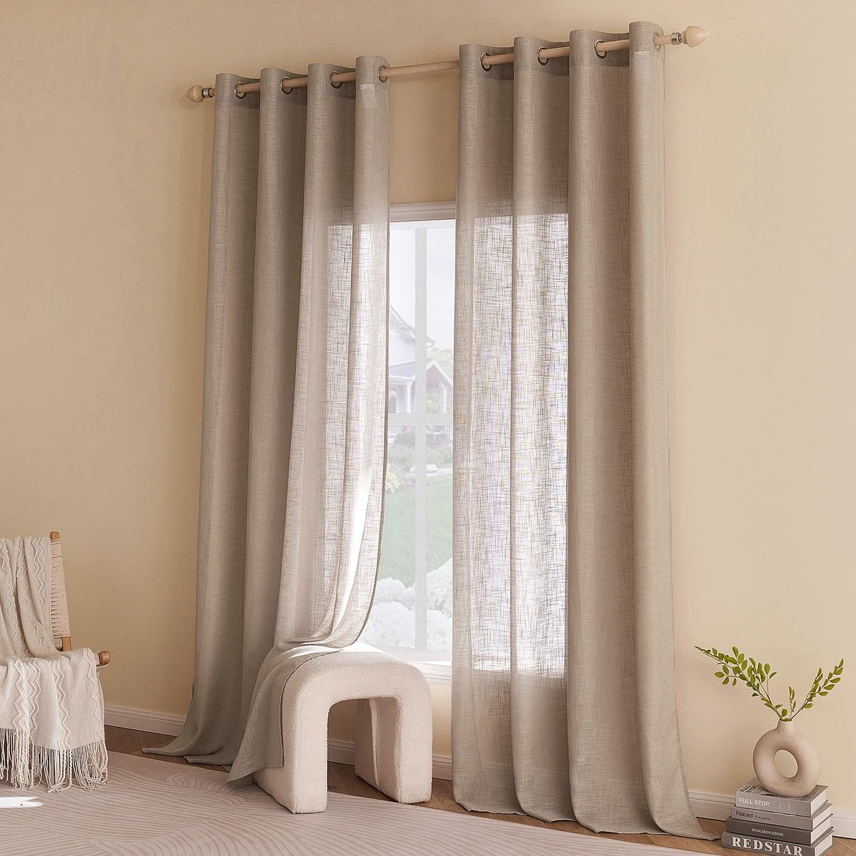 Set van 2 transparante linnen gordijnen met ringen, moderne interieurgordijnen voor slaapkamer, woonkamer en raam, 140x260 cm, donkerbruin