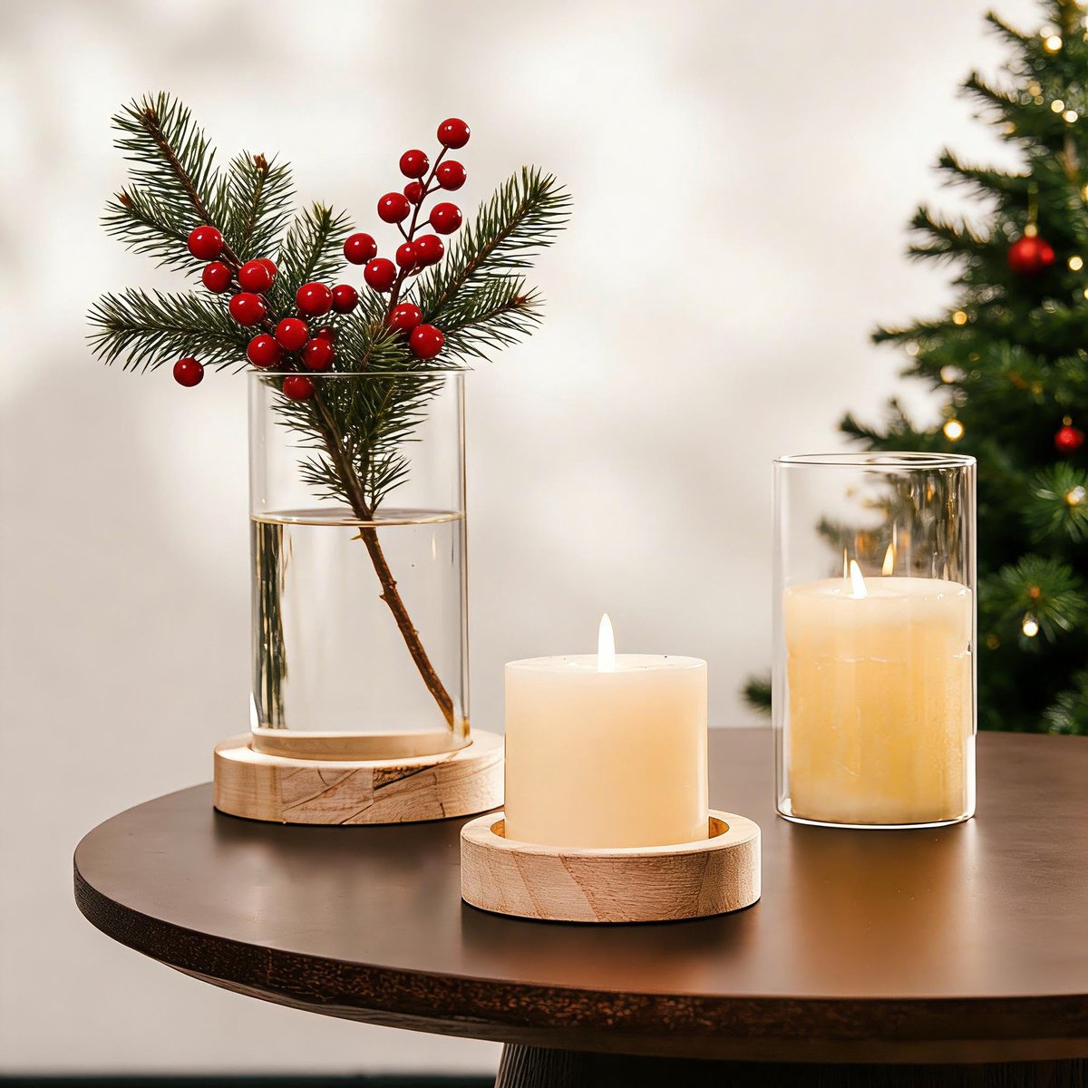 Lantaarn Glazen Kaarshouder Hout: Set van 2 Glazen Lantaarns Glazen Cilinder met Bodemvaas Grote Staalkaarsen Theelichthouder Kaarshouder Tafel Decoratie Eettafel Decoratie Kerst Bruiloft