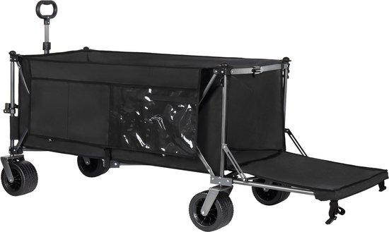 Deze opvouwbare handkar (zwart) met 300L+120L inhoud en achterklep, 180 cm lang, heeft extra brede 17x10 cm terreinwielen. Perfect voor tuin, boodschappen, strand en buitengebruik. — afbeelding 5