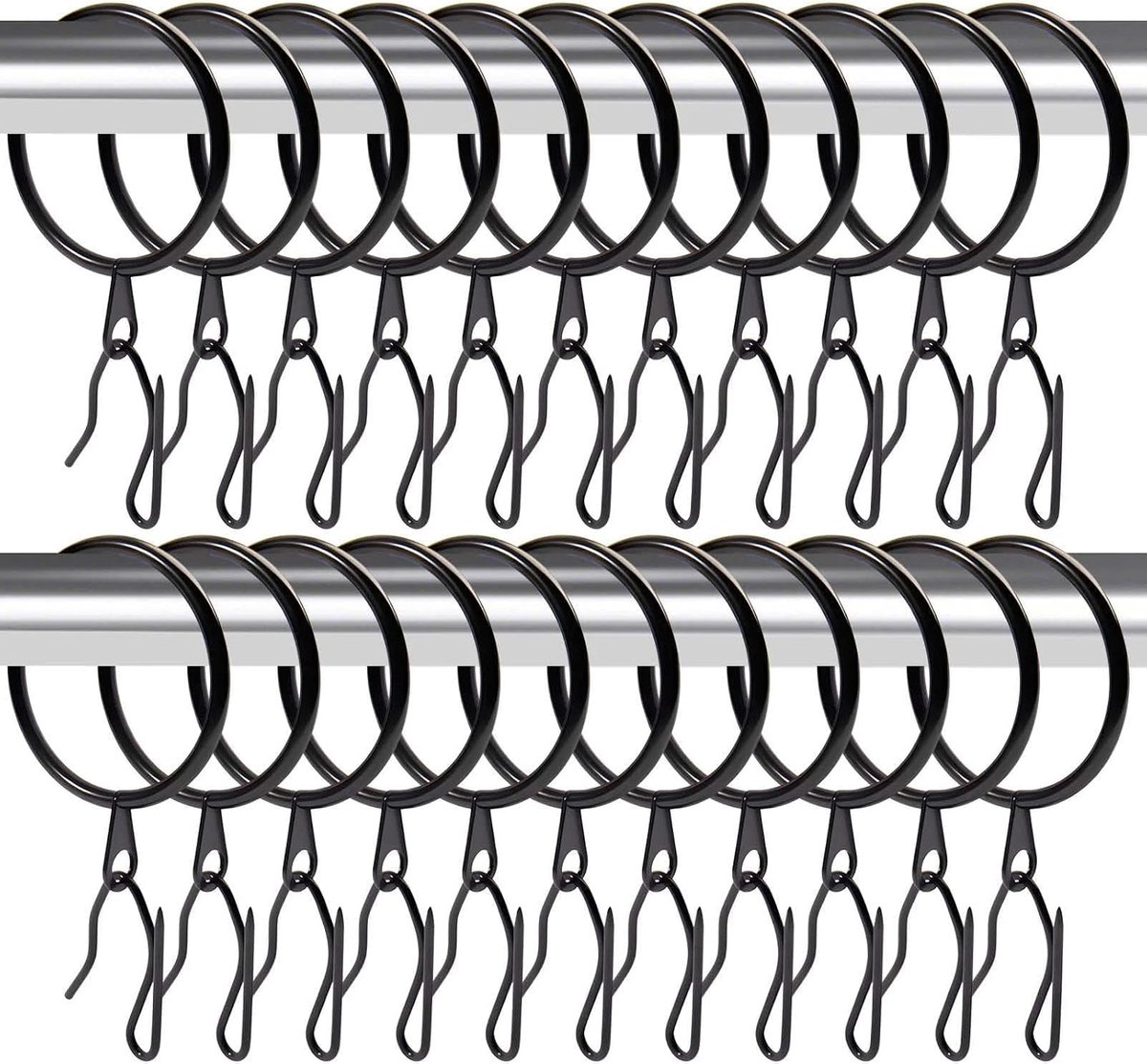 60 stuks metalen gordijnringen 3,38 cm binnendiameter en 60 stuks hangende gordijngordijnhaken met opbergdoos voor raamdeur douche (35 mm, zwart)