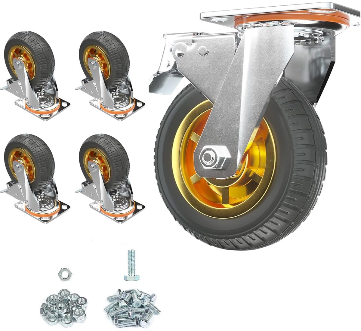 Zwenkwielen 75 mm met Rem, Set van 4 - Compacte Transportwielen Rubber, stil & vloervriendelijk, voor Meubels, Kastjes, Plantenstandaarden (Draagvermogen 330 kg)