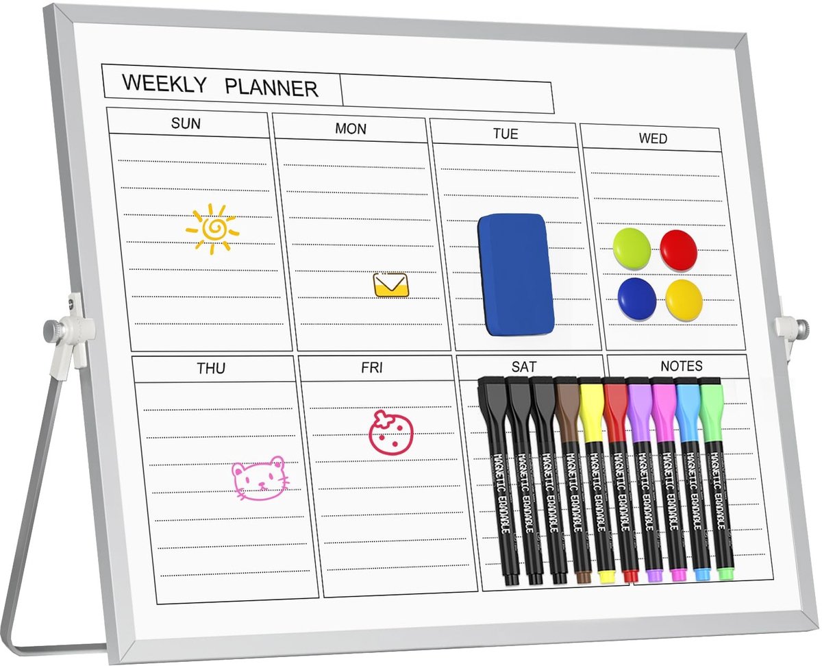 Dailygoods- Weekplanner Dubbelzijdig - 30x40cm Whiteboard - Afwasbaar - Ophangbaar - Draagbaar - Verstelbare Kijkhoek
