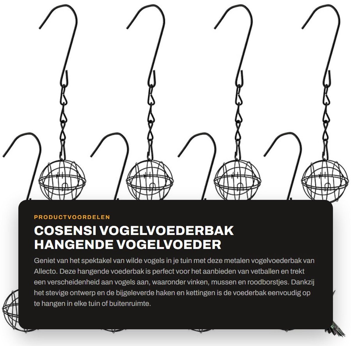Dailygoods- Vogelvoederbak 7 cm - Metalen Voederhuisje voor Vogels - Hangend Voederhuisje - Set van 8 Vetbalvoeders - Zwart - Duurzaam Ijzer