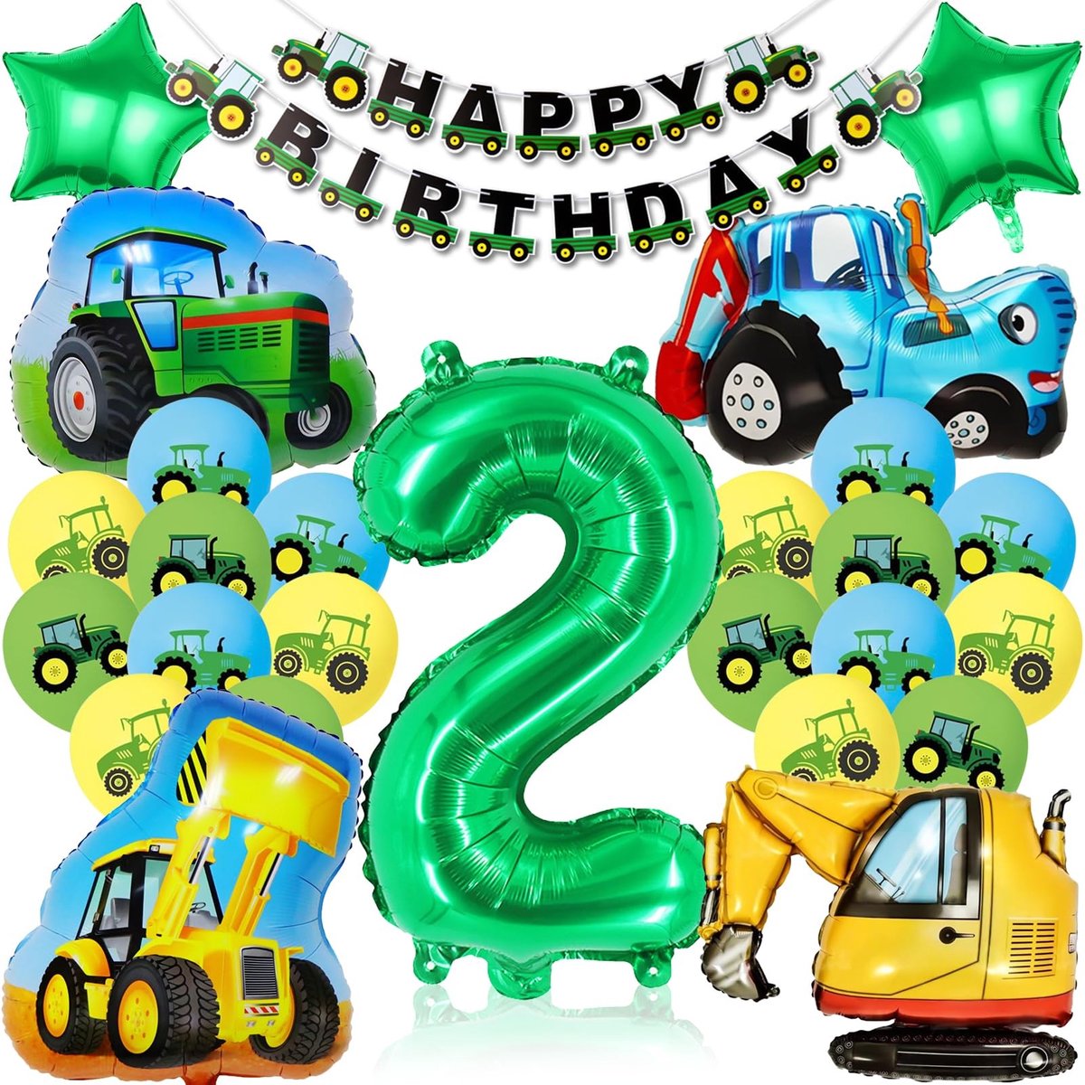 Dailygoods- Folieballon 2e Verjaardag - Graafmachine/Bulldozer/Tractor - 4 Stuks - Decoratieve Ballonnen - Feest Ballonnen - Kinderen/Jongens - Feestballonnen