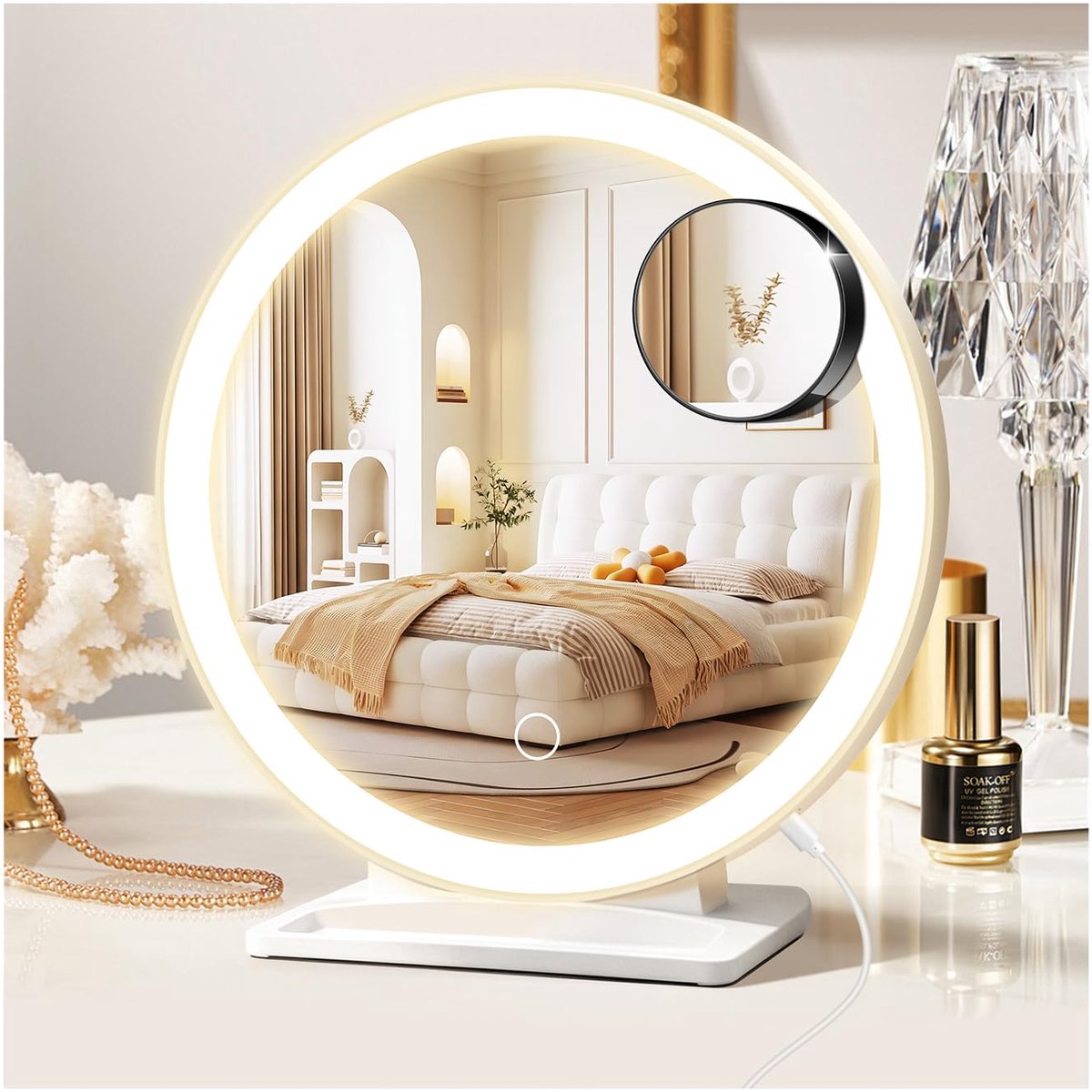 Spiegel met verlichting, make-uptafelspiegel, vergrotingsspiegel met zuignap 30-voudig, 3 lichtkleuren en instelbare hoek, tafelspiegel voor de slaapkamer, 31,5 x 29 cm