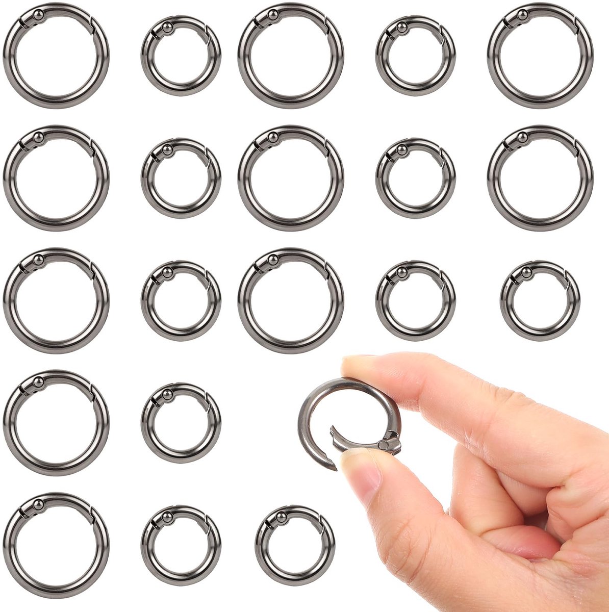 20 stuks ronde karabijnringen, O-ring, ronde karabijnhaken, mini-sleutelringen in 2 maten, metalen ronde veersplitringen voor handtassen, sleutelhangers, doe-het-zelf handwerk, tassen
