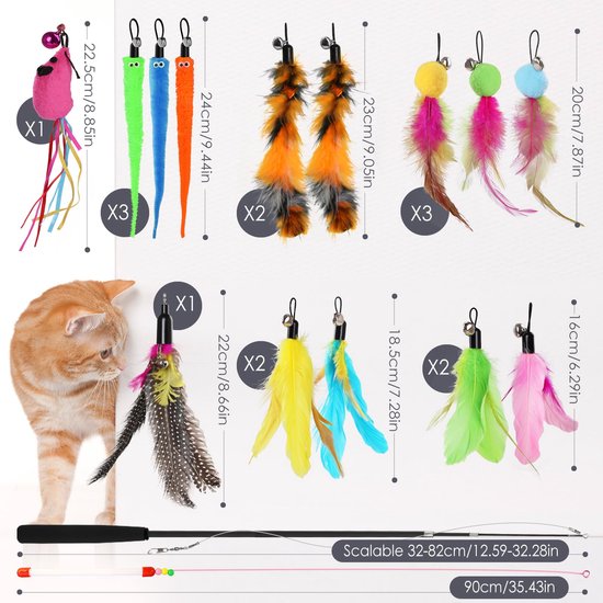 16 stuks kattenveren speelgoedset, interactief speelgoed met 2 toverstokken en 14 vervangende veerplagertjes met bel voor kitten of kattenvanger, plezier hebben oefening spelen — afbeelding 4