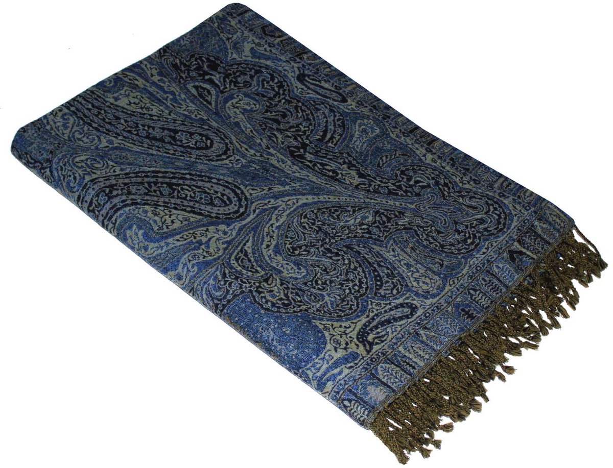 Cana Luxe wollen deken jacquard geweven van de fijnste wol van Merino - Lamm Paisley Blauw Zwart Goudgeel woondeken patroon deken wol sofadeken knuffeldeken plaid 140 cm x 200 cm 96262
