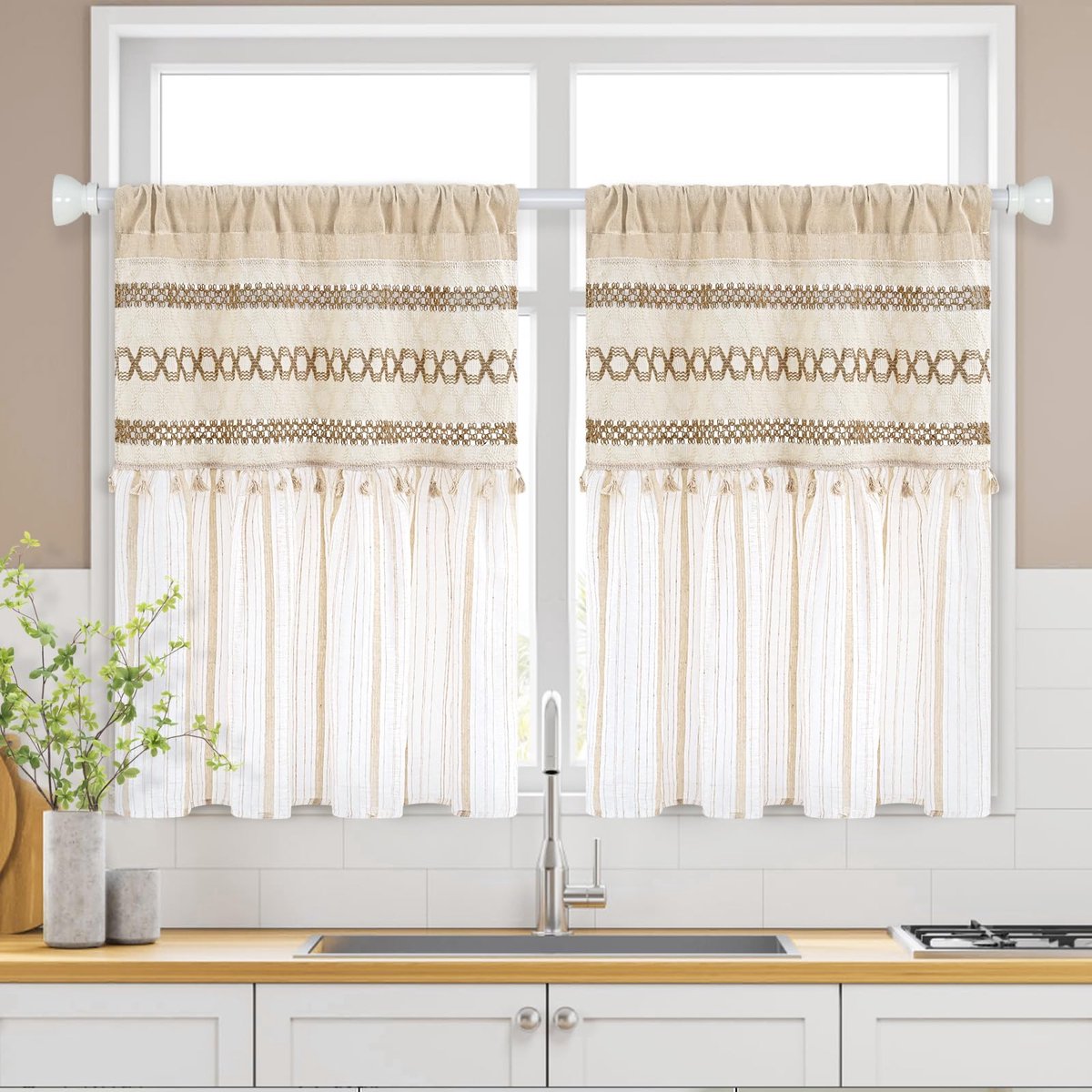 Gordijnen Beige, moderne korte bistrogordijn, blikdicht keukengordijn met linnen en gaas, landhuisstijl raamgordijnen, kort gordijn voor keuken, raam, woonkamer 65Bx90H cm