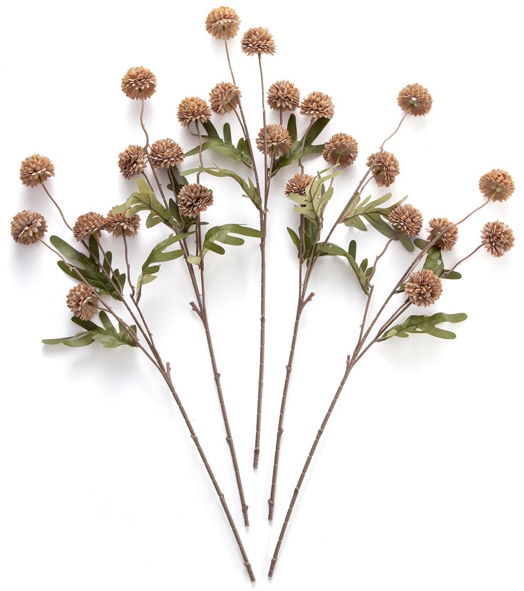 Kunstmatige Kiku-bloem - 5 stuks nep pompon moeders zijde kleine chrysant faux bal herfst bloem stam decor voor bruiloft vuller boeket centerpieces arrangementen (Bruin) | 25 koppen, kunstzijde