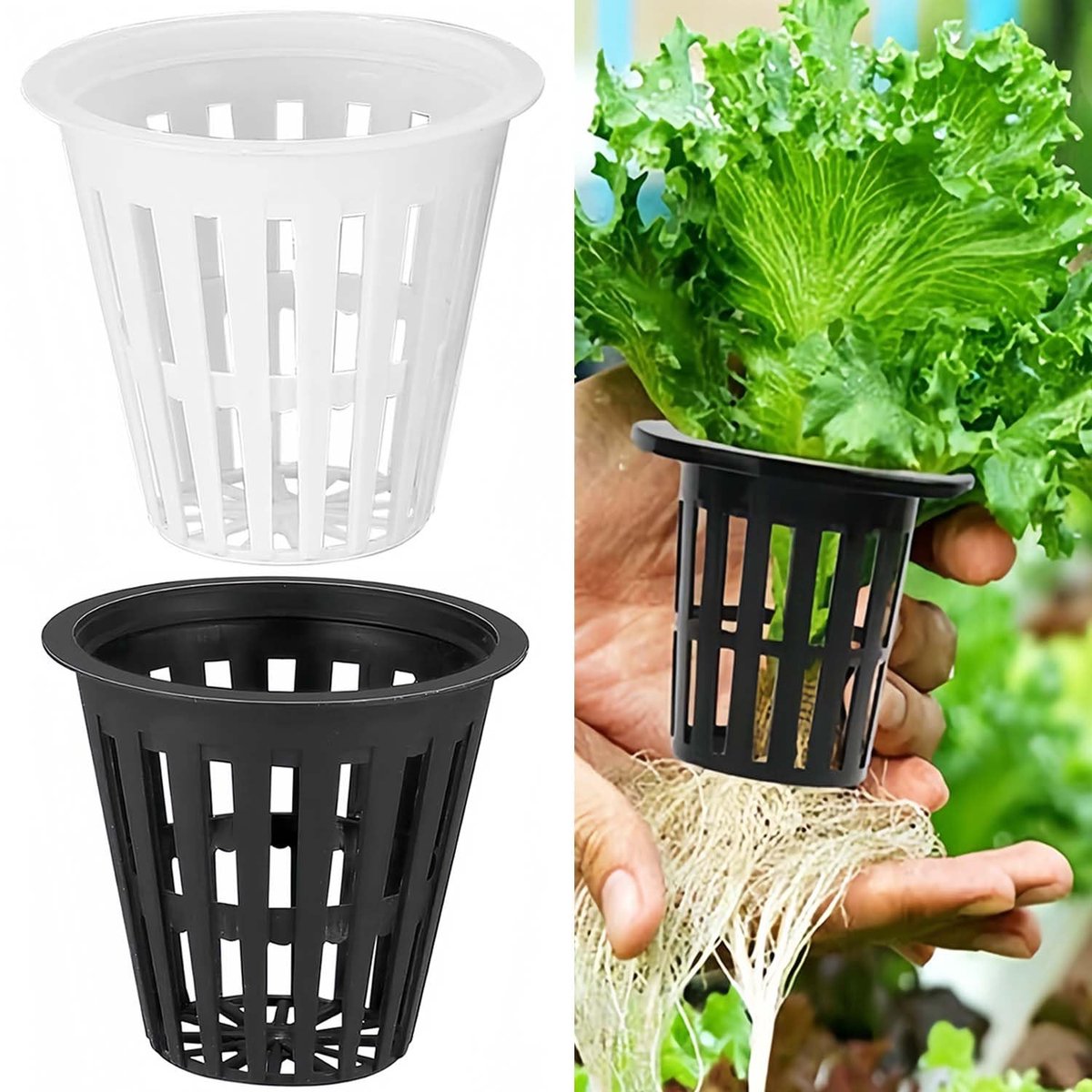 Plantenmanden, plantenmand voor hydrocultuurplanten, netpot voor hydrocultuur, tuin, netpotten, kunststof, hydrocultuur, netpot, emmermand (zwart-wit)